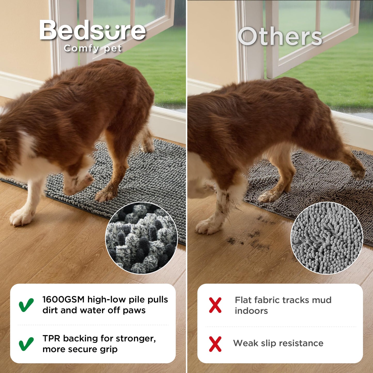 Bedsure Dog Door Mat for Muddy Paws, High-Low Absorbent Chenille Indoor Entrance Mud Dirt Trapper Soak-Stopper, Machine Washable Non-Slip Entryway Rug for Pets, 35"x24" Grey