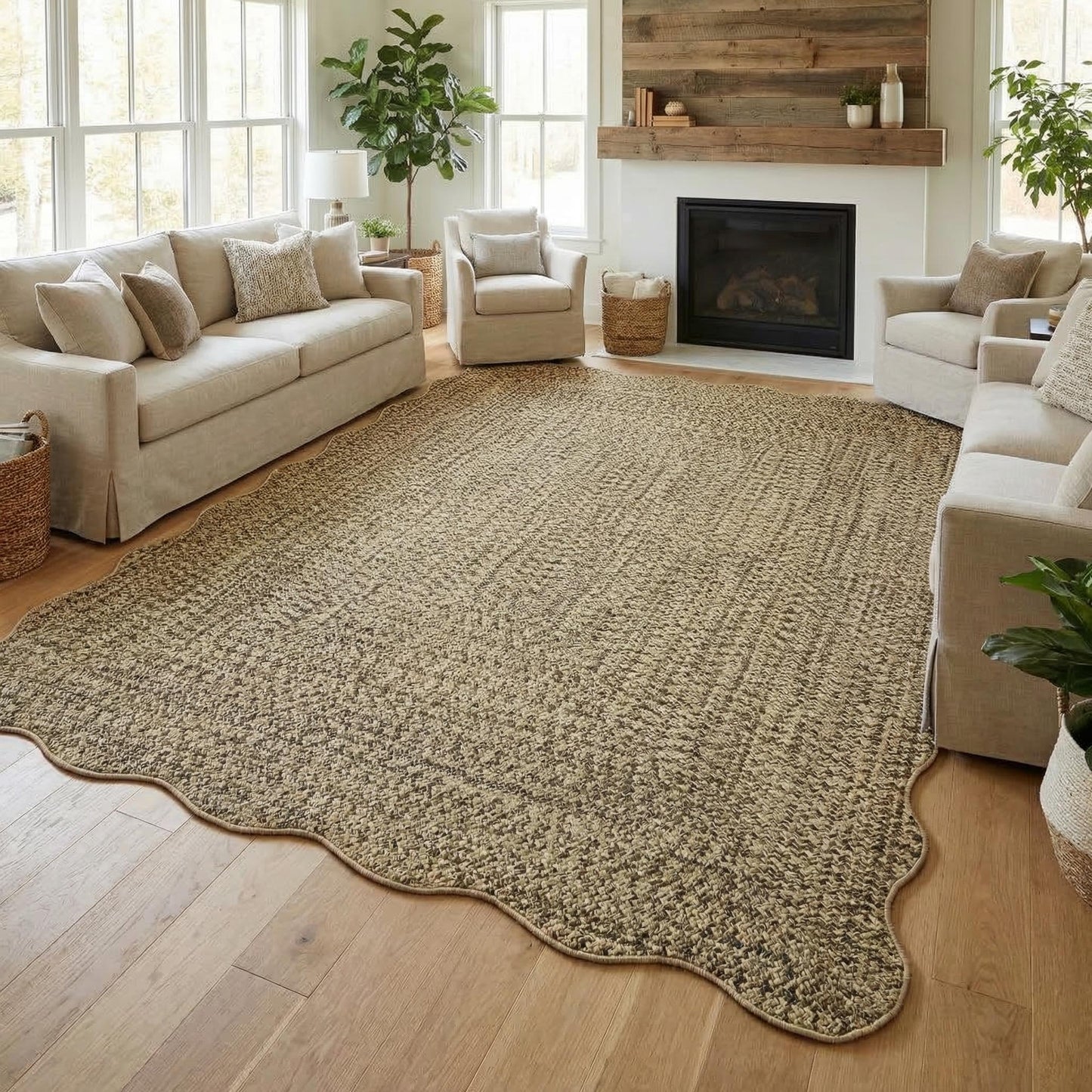MilleLoom Scalloped Braided Print Washable Rug 8x10 Area Rugs for Living Room Soft Bedroom Rug Stain-Resistant Rustic Foldable Mat Non Slip Low Pile Carpet for Dining Nursery Cottage Office Natural