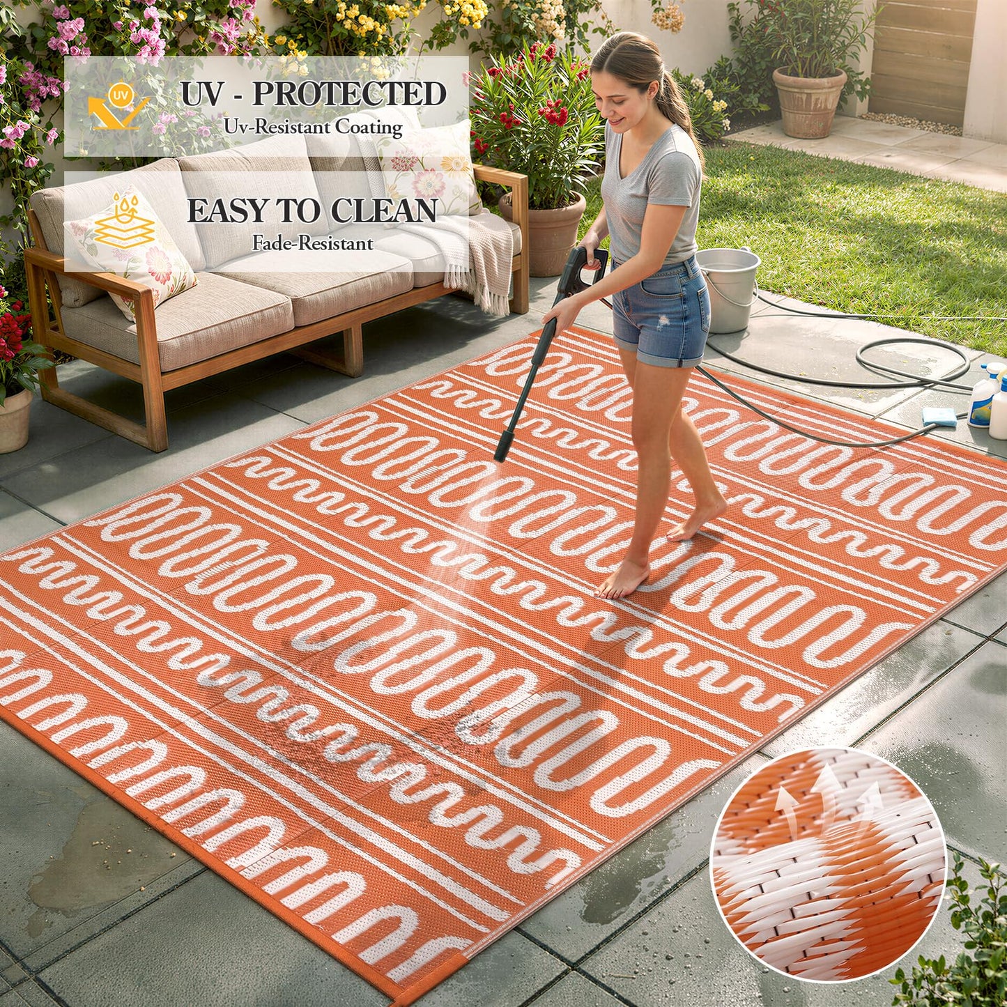 Beeiva Boho Outdoor Rug 8x10 Waterproof for Patio, Reversible Plastic Straw Rug for RV Camping, Deck, Balcony, Backyard, Orange