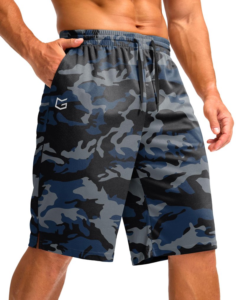 G Gradual Men's Athletic Shorts with Pockets 9" / 11" Long Basketball Shorts Lightweight Quick Dry Gym Workout Shorts for Men(Blue Camo,4XL)