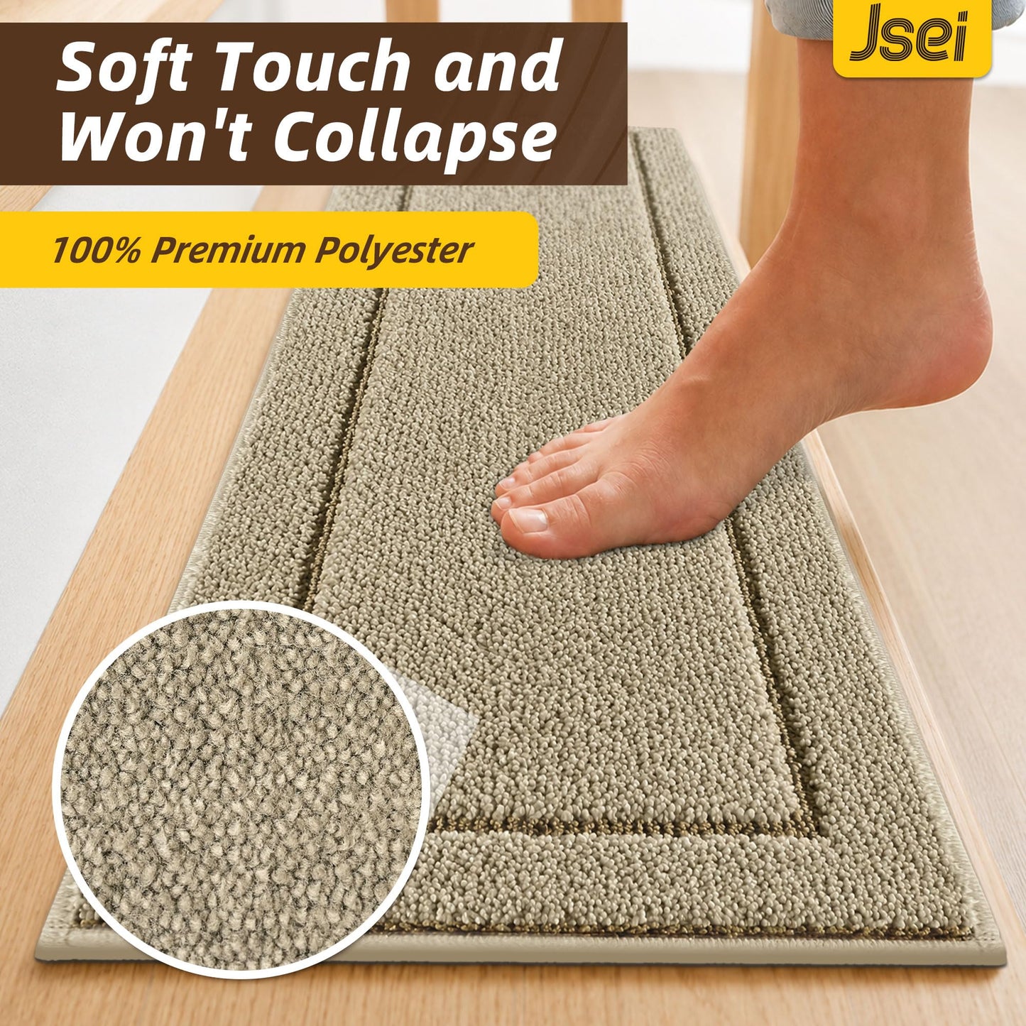 JSEI Stair Treads for Wooden Steps Indoor, 15-Pack Non Slip Stair Treads 30" x 8", Washable Polyester Stair Mats with TPE Backing, Low Profile Stair Rugs for Kids, Seniors and Dogs, Beige