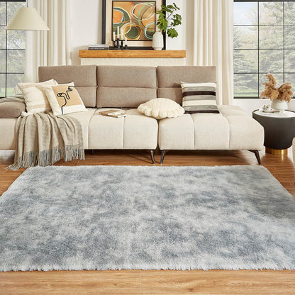 Floralux Rugs for Living Room, 6x9 Large Shag Area Rug, Tie-Dyed Light Grey Soft Fluffy Carpets for Bedroom