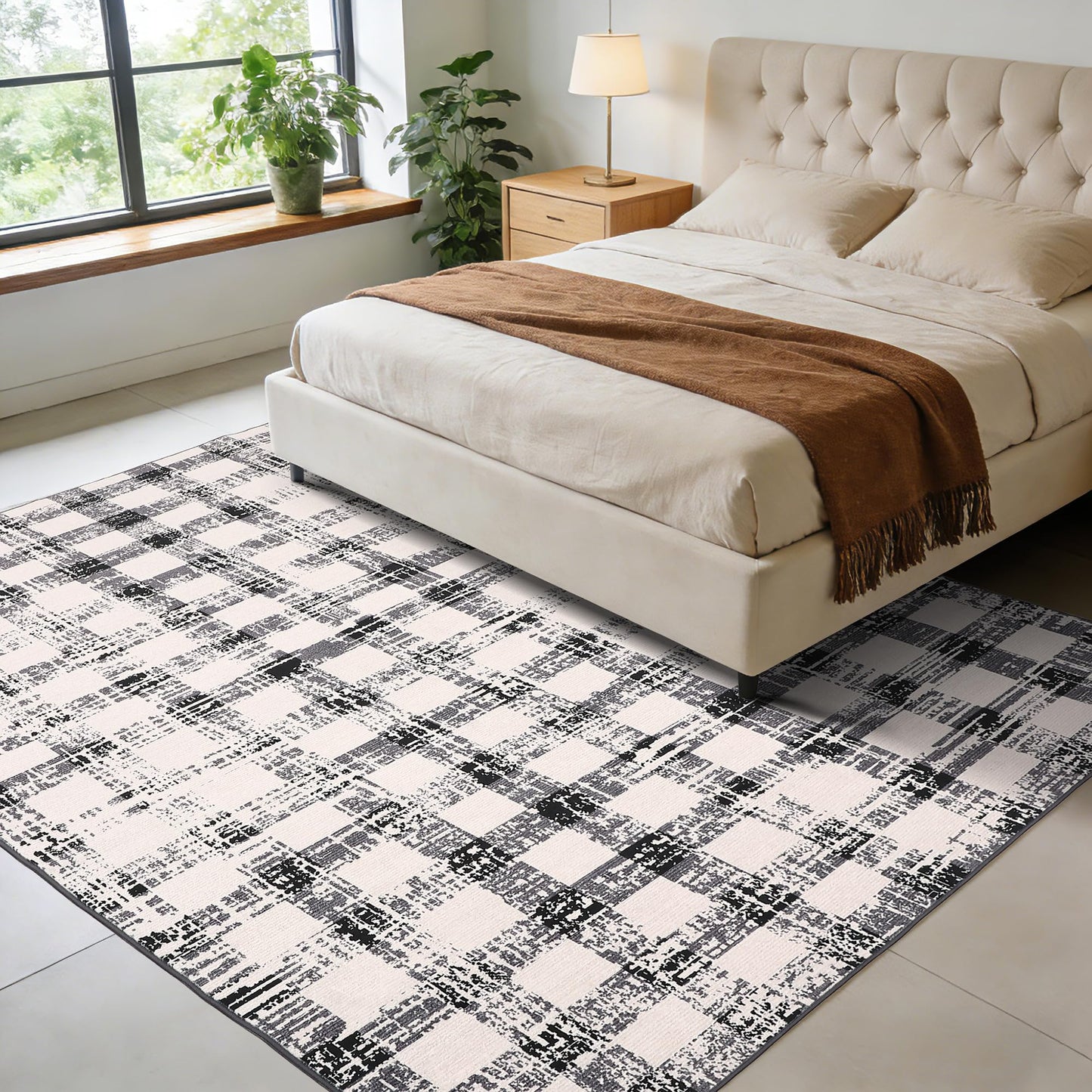 Garvee 9x12 Checkered Area Rug, Washable Modern Geometric Rug, Non Slip Low Pile Soft Carpet for Bedroom, Living Room, Dining Room, Black