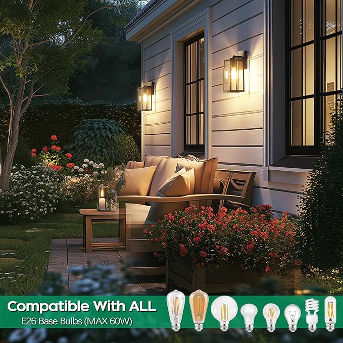 PARTPHONER Outdoor Light Fixtures Wall Mount, Porch Light, Waterproof Exterior Light Fixture, Anti-Rust Wall Sconce with Clear Glass and Black Aluminum for Garage, Doorway-2 Pack