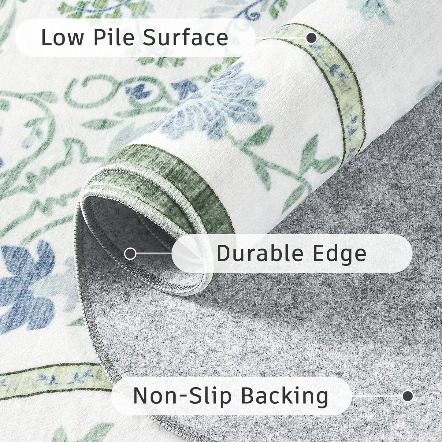 DCX Green and Blue 9x12 Rug, Kid & Pet Friendly with Rubber Back Non Slip, Washable Stain Resistant Botanical Scalloped Rug for Living Room, Bedroom, Soft Low Pile Large Nursery Carpet