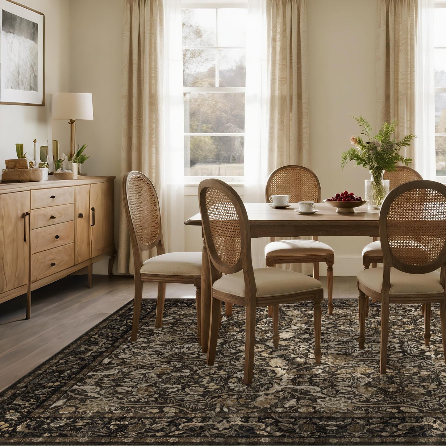 Brown 10x14 Area Rug Washable: Vintage Floral Rugs for Living Room Bedroom Dining Room Under Kitchen Table Office - Soft Non-Slip Stain Resistant Low Pile Large Carpet - Brown and Gold