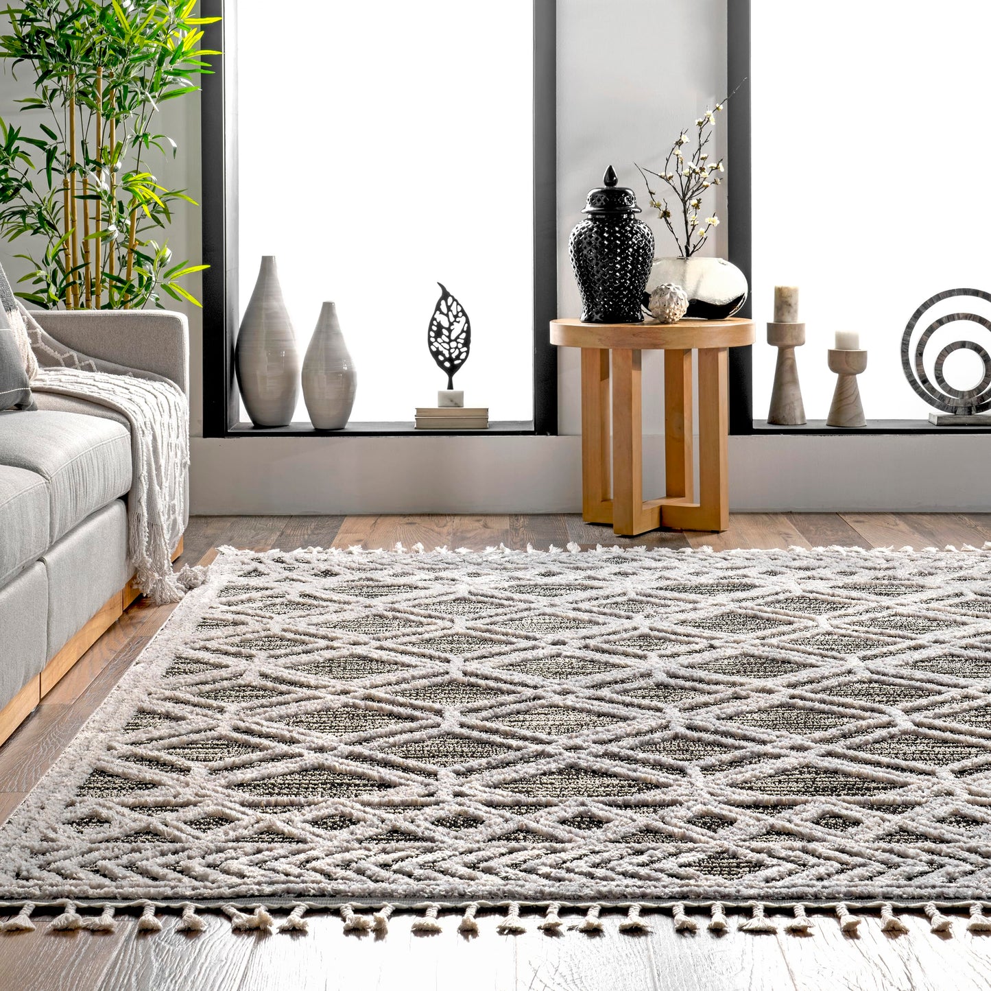 nuLOOM 9x12 Ansley Moroccan Tassel Area Rug, Grey, High-Low Textured Bohemian Design, Plush High Pile, Stain Resistant, For Bedroom, Living Room, Hallway, Entryway