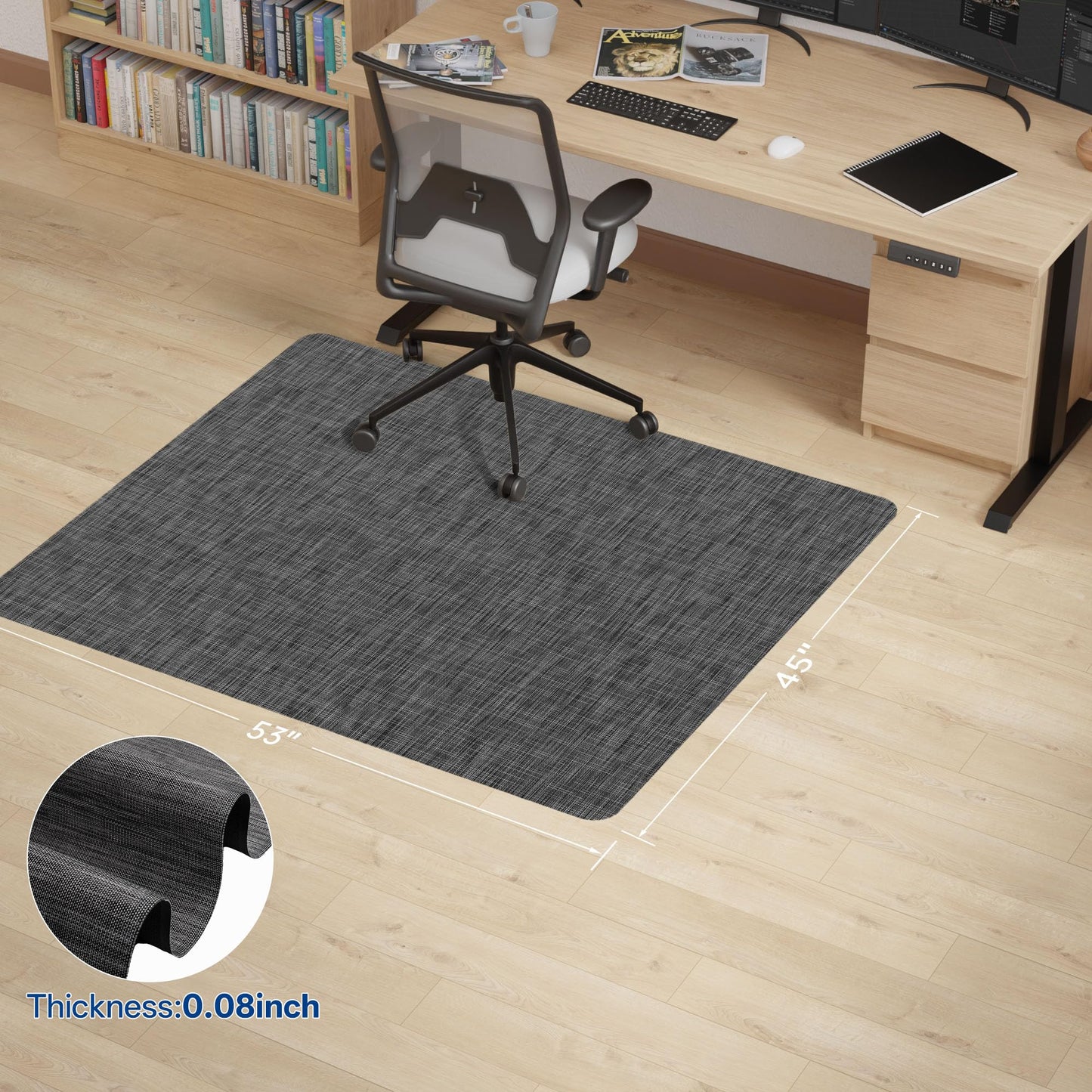 Naturei Office Chair Mat for Hardwood & Tile Floor, 45" x 53"Anti-Slip Desk Chair Mat, Easy Glide Floor Protector for Rolling Chairs, Floor Mat for Office Chair for Home Office (Dark Gery)