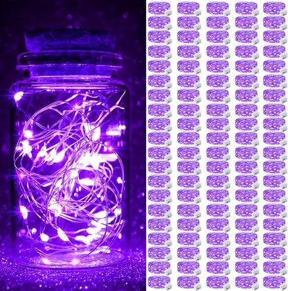 pozzolanas 100 Pack Purple Fairy Lights Battery Operated 3 Modes 7FT 20 LED Waterproof String Lights Twinkle Silver Wire for Mason Jars Wedding Christmas Halloween Party Decor (100, Purple)