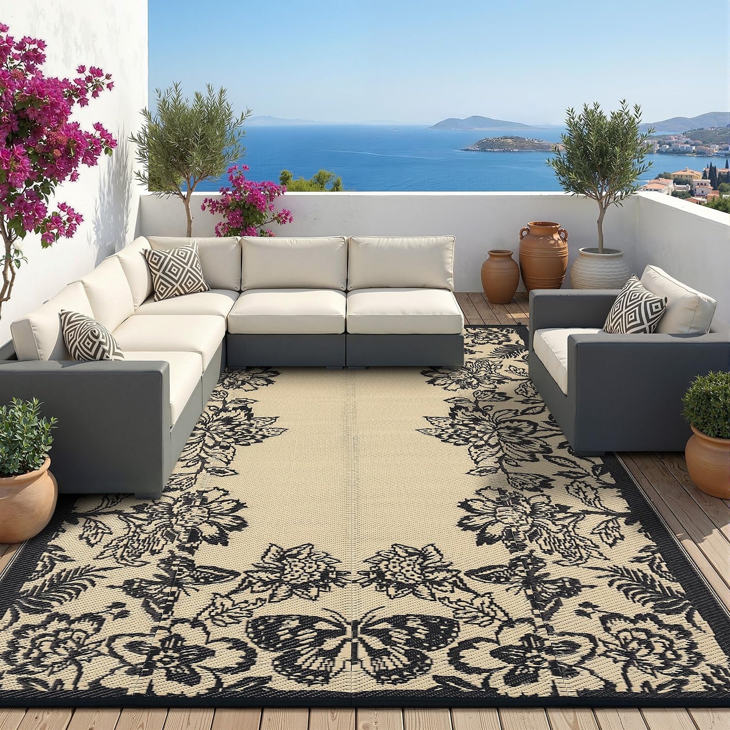 Garvee 5’x8’ Waterproof Patio Outdoor Rug, Outdoor Plastic Straw Rug for Camping, RV Mat Outside, Indoor Outdoor Carpet for Porch, Deck, Backyard, Balcony, Picnic, Black & Brown