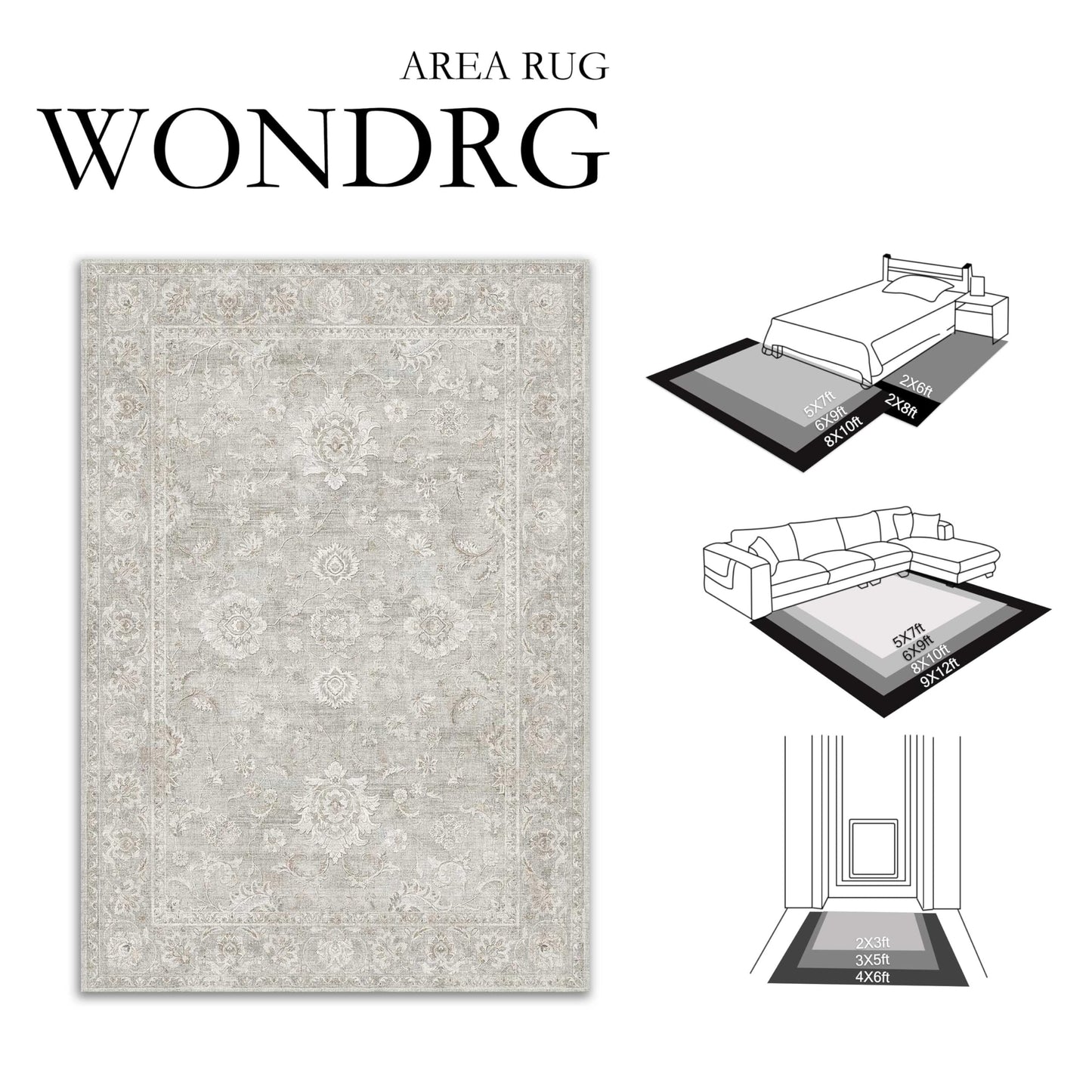 WondRg 4x6 Grey Washable Area Rug for Living Room Bedroom Neutral Floral Soft Non Slip Rug Low Pile Distressed Carpet for Dining Room Nursery Office Indoor