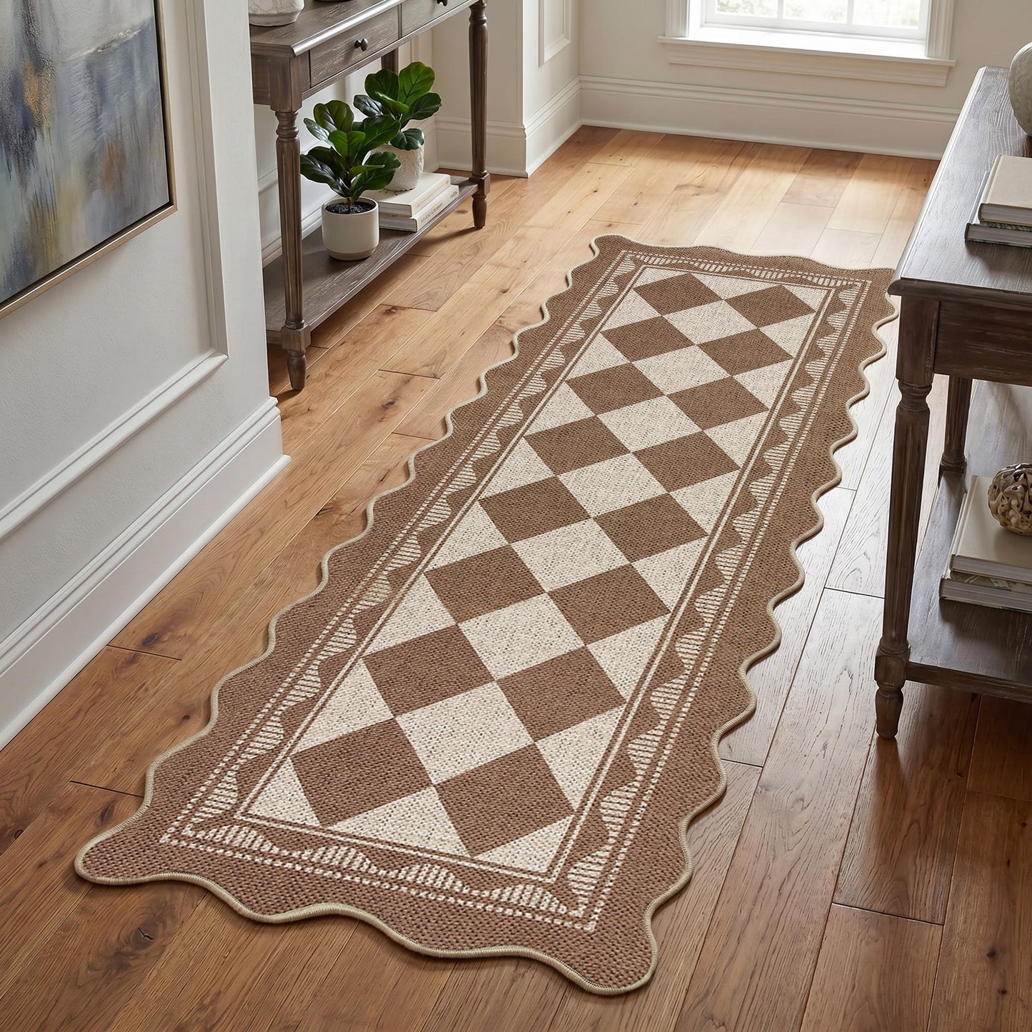 Garvee Easy Jute 2x6 Scalloped Border Kitchen Rugs Non Slip Indoor Outdoor Washable Rugs for Living Room Low Pile Floor Cover for Entryway Stain Resistant Indoor Carpet for Hallway，Brown