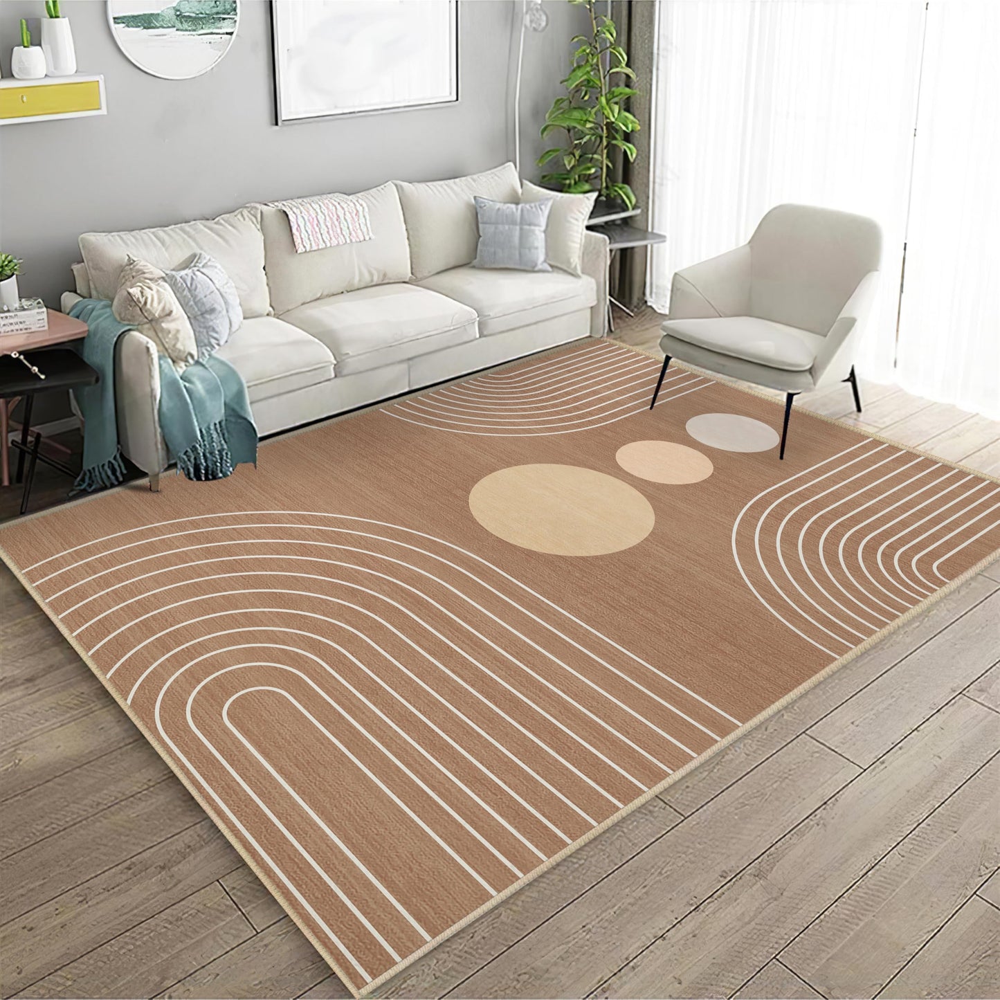 Boho Rug 3x5 Modern Geometric Minimalist Abstract Line Area Rug for Entryway Living Room Brown Mid Century Modern Machine Washable Non-Slip Printed Low-Pile Floor Carpet for Kitchen Bedroom Brown
