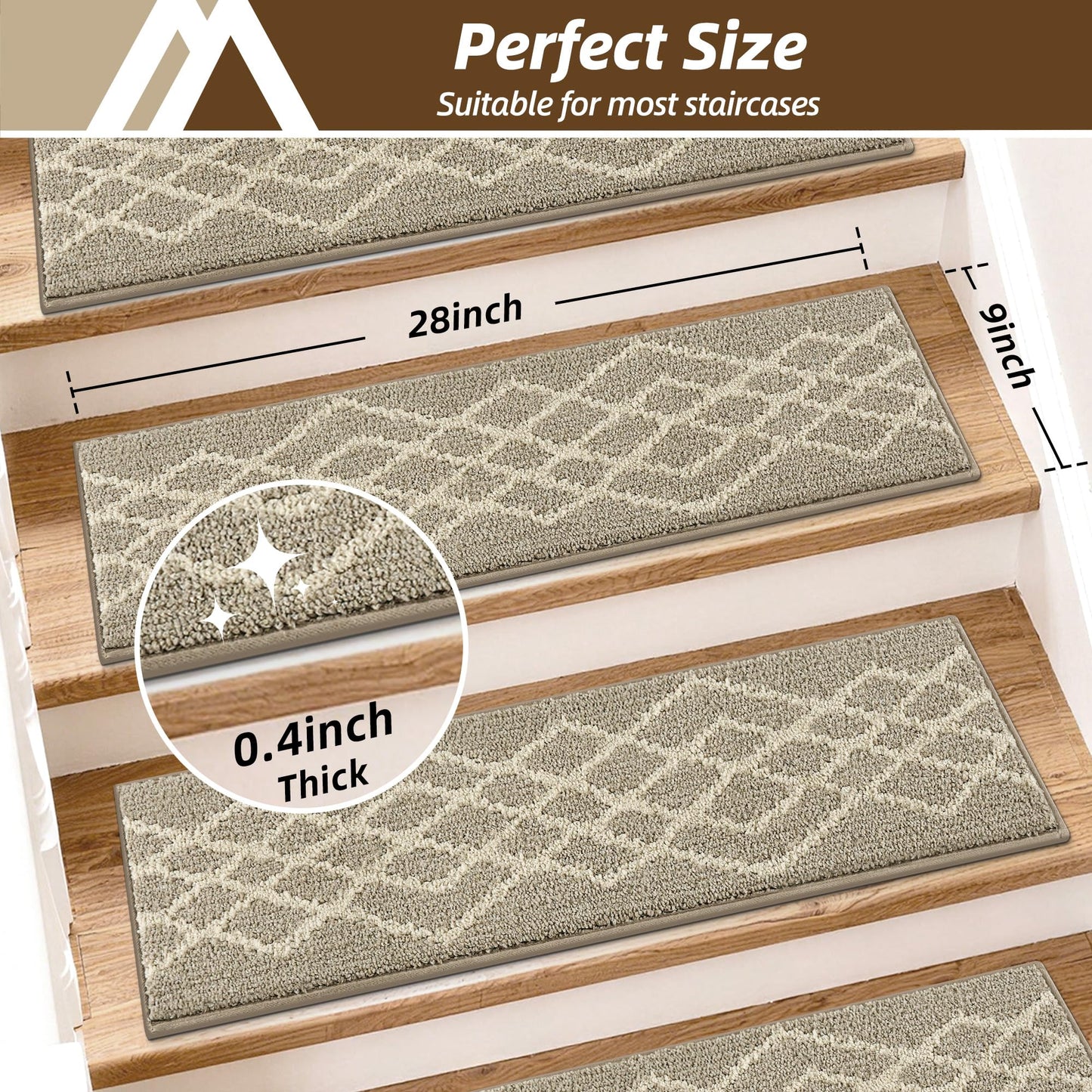 COSY HOMEER Soft Stair Treads 15pcs Non-Slip Carpet Mat 28inX9in Indoor Stair Runners for Wooden Steps,Stair Rugs for Kids and Dogs, 100% Polyester TPE Backing Beige,Rhombus