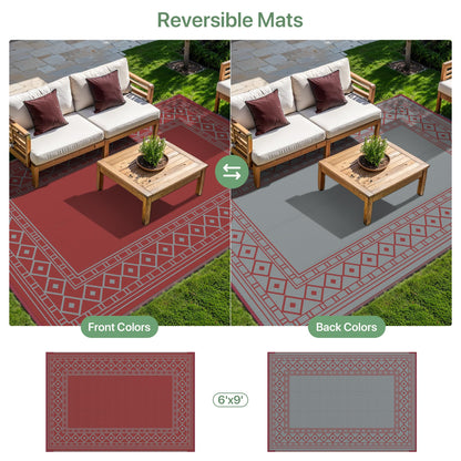 GENIMO Outdoor Rug Waterproof 6'x9' for Patio, Foldable Reversible Plastic Straw Carpet for Travel Trailers, Outside Area Mat for Rv, Deck, Picnic, Porch, Balcony, Beach, Red & Grey