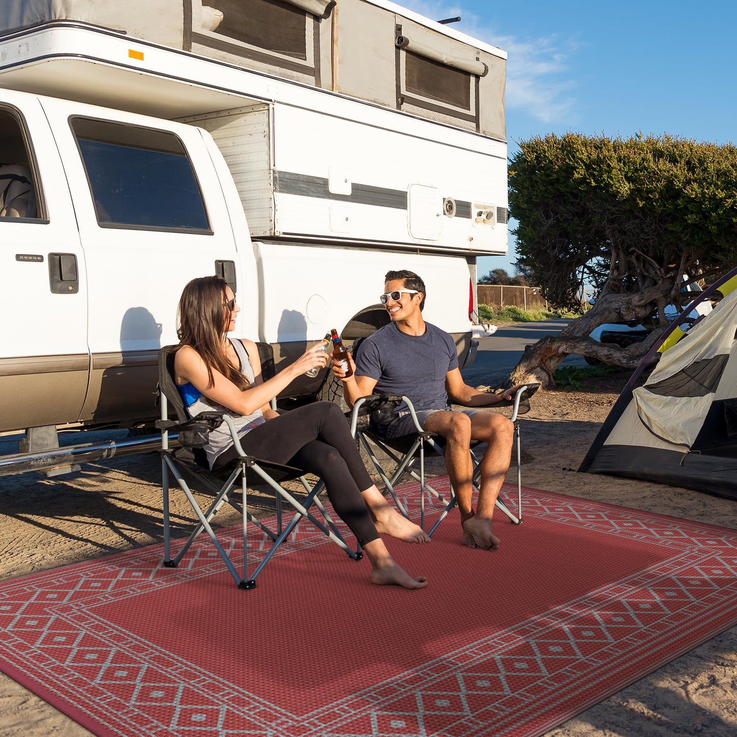 GENIMO Outdoor Rug Waterproof 6'x9' for Patio, Foldable Reversible Plastic Straw Carpet for Travel Trailers, Outside Area Mat for Rv, Deck, Picnic, Porch, Balcony, Beach, Red & Grey