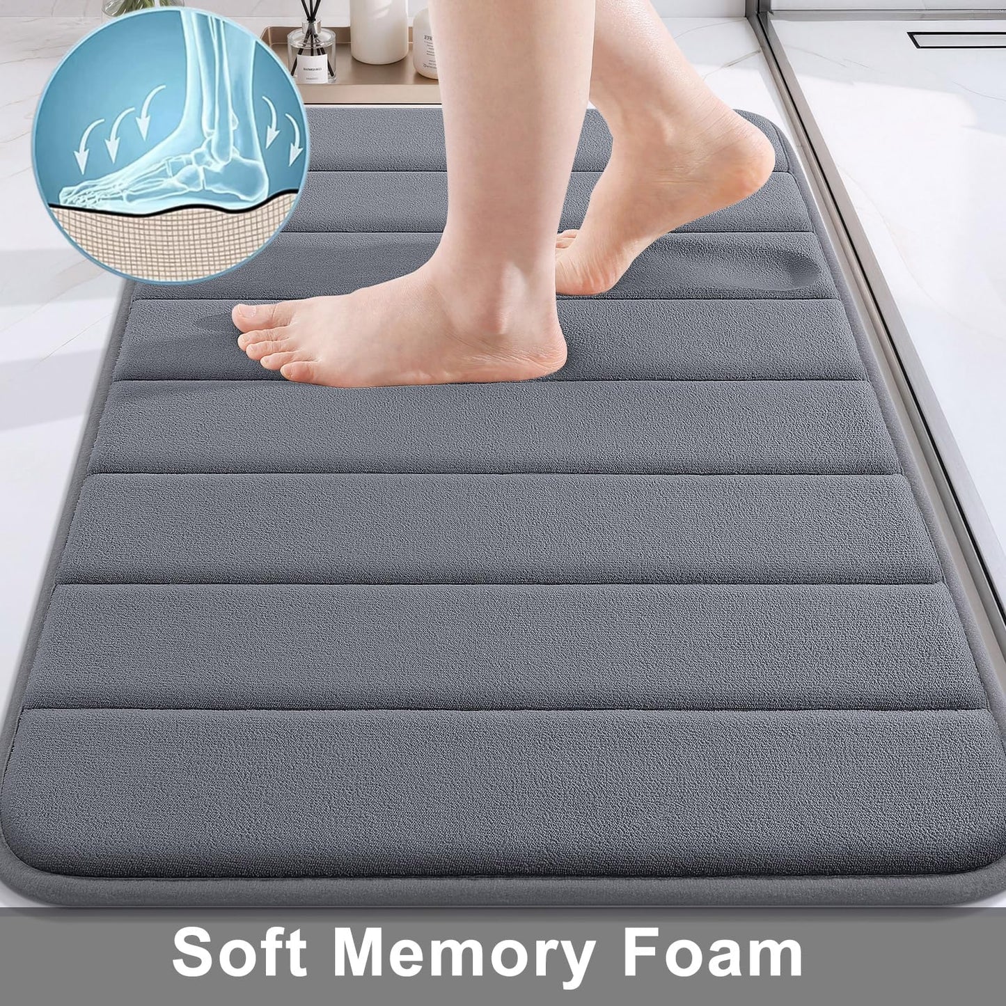 Buganda Memory Foam Bath Mat, 24" x 16", Ultra Soft and Non-Slip Bathroom Rugs, Water Absorbent and Machine Washable Bath Rug for Bathroom, Shower, and Tub, Dark Grey