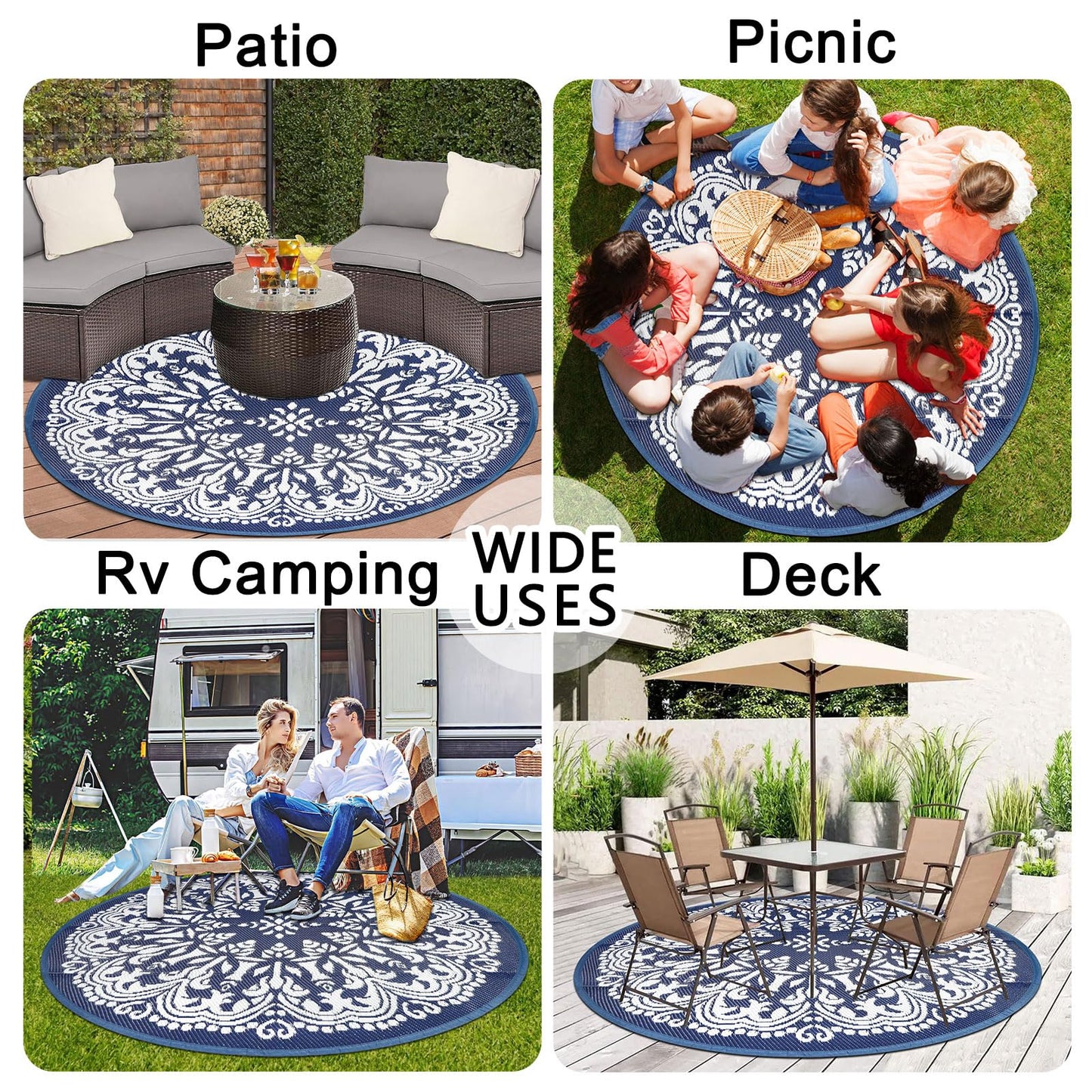 Homcomoda Round Outdoor Patio Rugs 6Ft Waterproof Indoor Outdoor Area Rugs Clearance Reversible Straw Rugs Circle Area Rugs for Porch Garden Deck Backyard Balcony