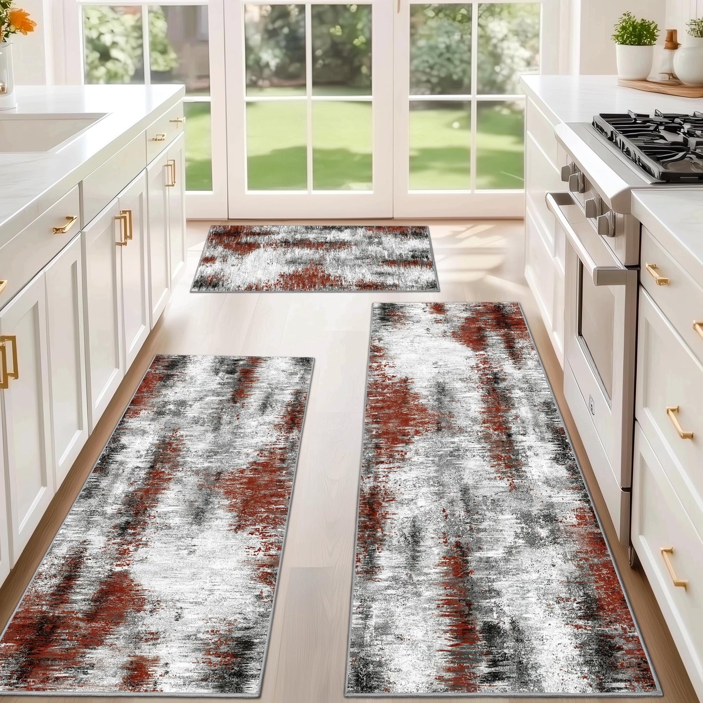 Tritard Upgrade Non Slip Kitchen Rugs Sets of 3 Washable Kitchen Mats for Floor Abstract Kitchen Runner Rug Soft Floor Mat Set Kitchen Carpet Rugs for Hallway, Laundry, Entryway, Office, Rust Red
