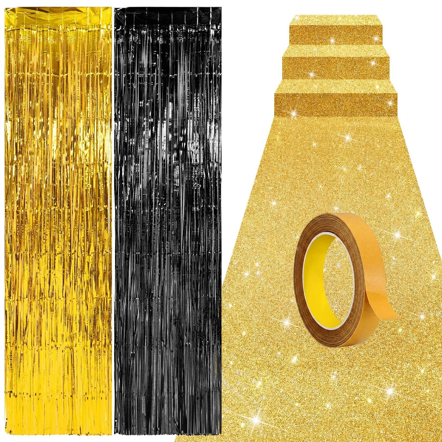 Moukeren 2026 Graduation Prom Decoration 2.5 x 30 ft Gold Carpet Runner with 4 Metal Tinsel Tassel Curtains for College Graduation Ceremony Birthday Wedding Party Decor