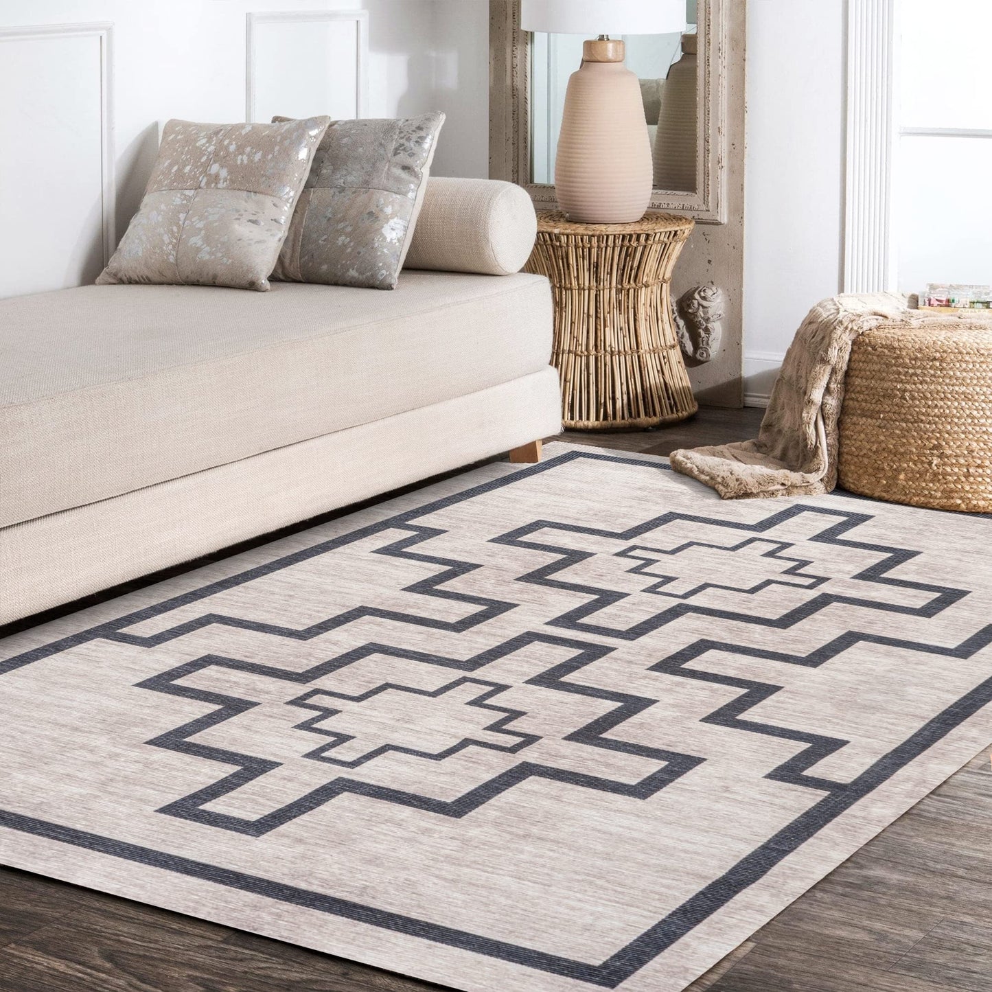 JONATHAN Y Machine Washable Indoor Area Rug 3X5 Ivory/Dark Gray, Ashkii Minimalist Medallion for Living Room, Bedroom, Kitchen, Office, Easy-Cleaning, Pet-Friendly, Non-Shedding WSH115A-3