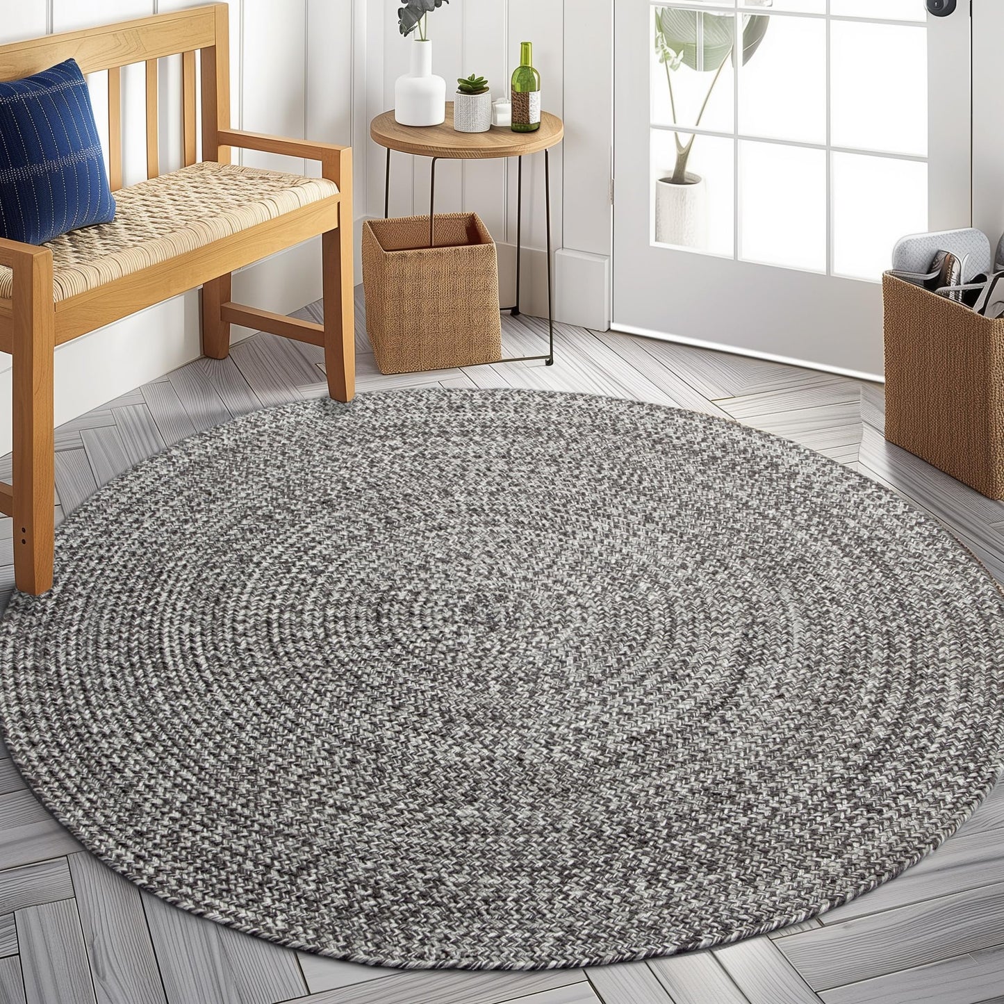 Super Area Rugs Gray/Ivory Braided Rug - Round Rug for Dining Table/Kitchen -4ft Circular Farmhouse Indoor Woven Construction
