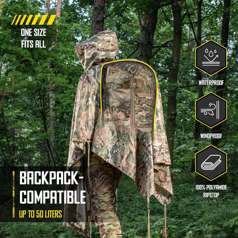 Tactical Rain Poncho - Waterproof Ripstop Military Shelter | Ideal for Camping, Hiking & Outdoor Activities