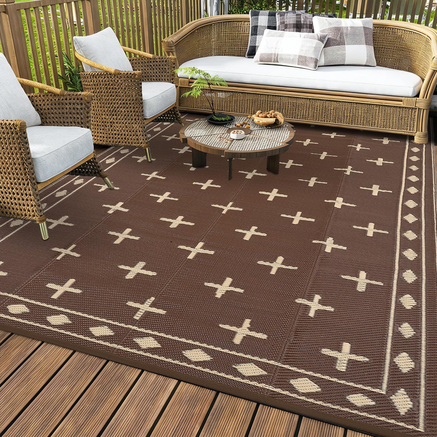 GarveeHome 9'x12' Outdoor Rug Waterproof – Reversible Plastic Mat for Patio & RV Camping, Large Geometric Rug for Deck Balcony, Portable Foldable Picnic Rug with Carry Bag, UV Resistant, Brown