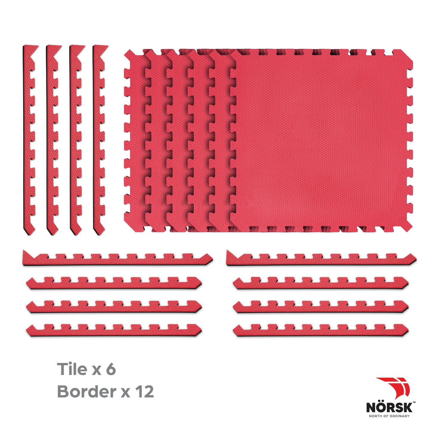 Norsk Dual-Sided Reversible 1/2" Foam Exercise Mats for Home Gym - Interlocking EVA Foam Tiles, 6 Tiles - 24 Sq. Ft. Red/Black