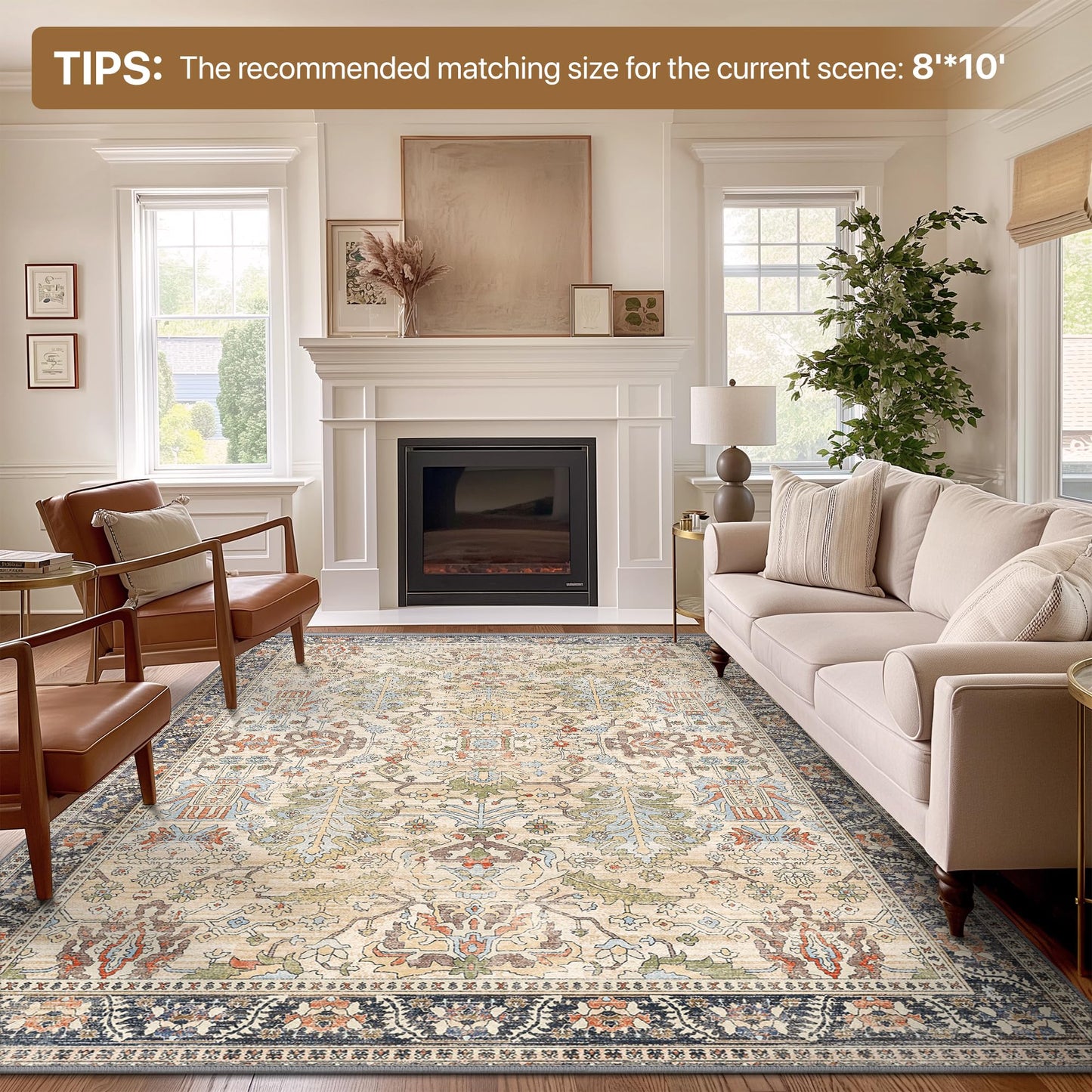 Bavni Area Rug 3x5, Non-Slip Washable Rugs for Living Room Office, Boho Distressed Printed Rug, Low Pile Foldable Decorative Carpet for Bedroom Kitchen Office, Ivory/Teal