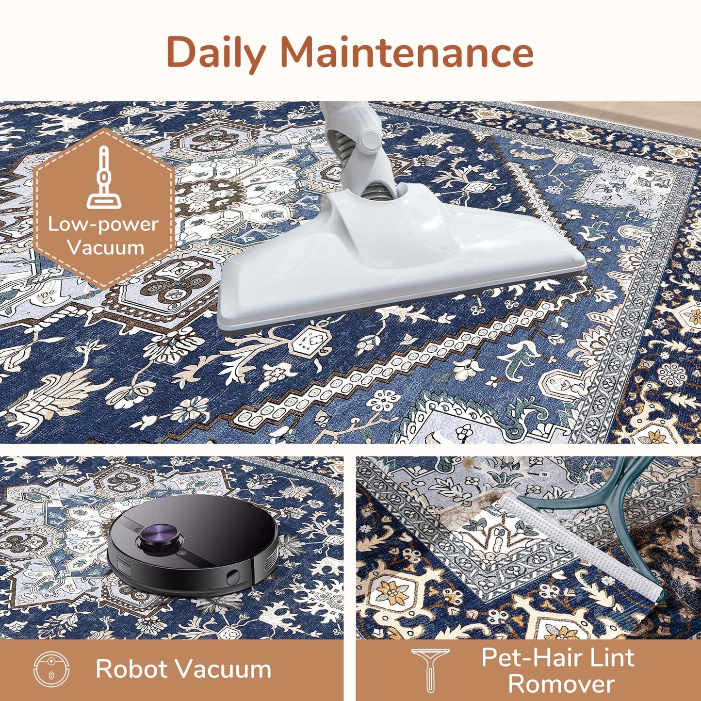 OPPODREAM Soft Area Rugs 5x7, 5x7 Washable Rug with Non Slip Backing, 5 x 7 Faux Cashmere Low-Pile Carpet, Navy Blue & Gold