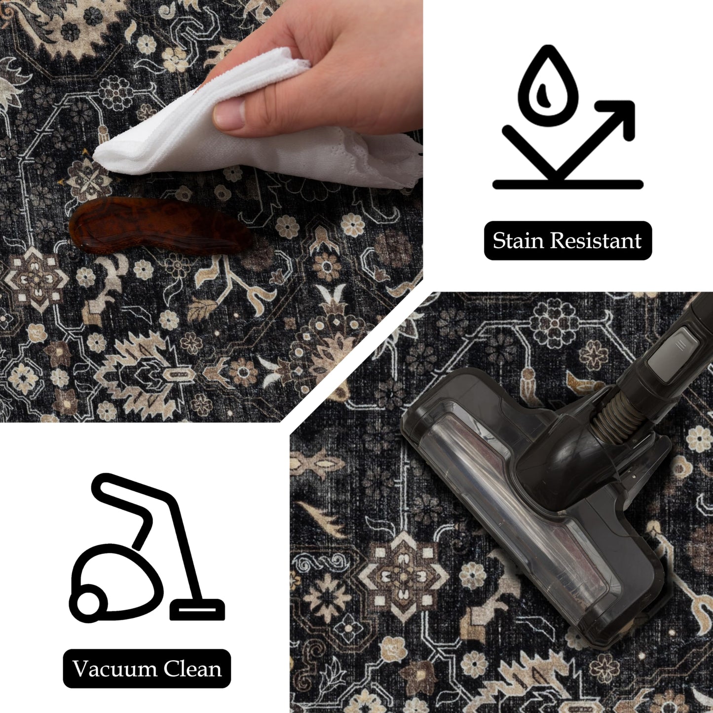 Ruaruarug Washable Area Rug 10x14 for Living Room, Bedroom, Ultra Soft Non Slip Stain & Fade Resistant, Pet & Kids Friendly, Suitable for High Traffic Areas Easy to Clean for Kitchen, Black Grey