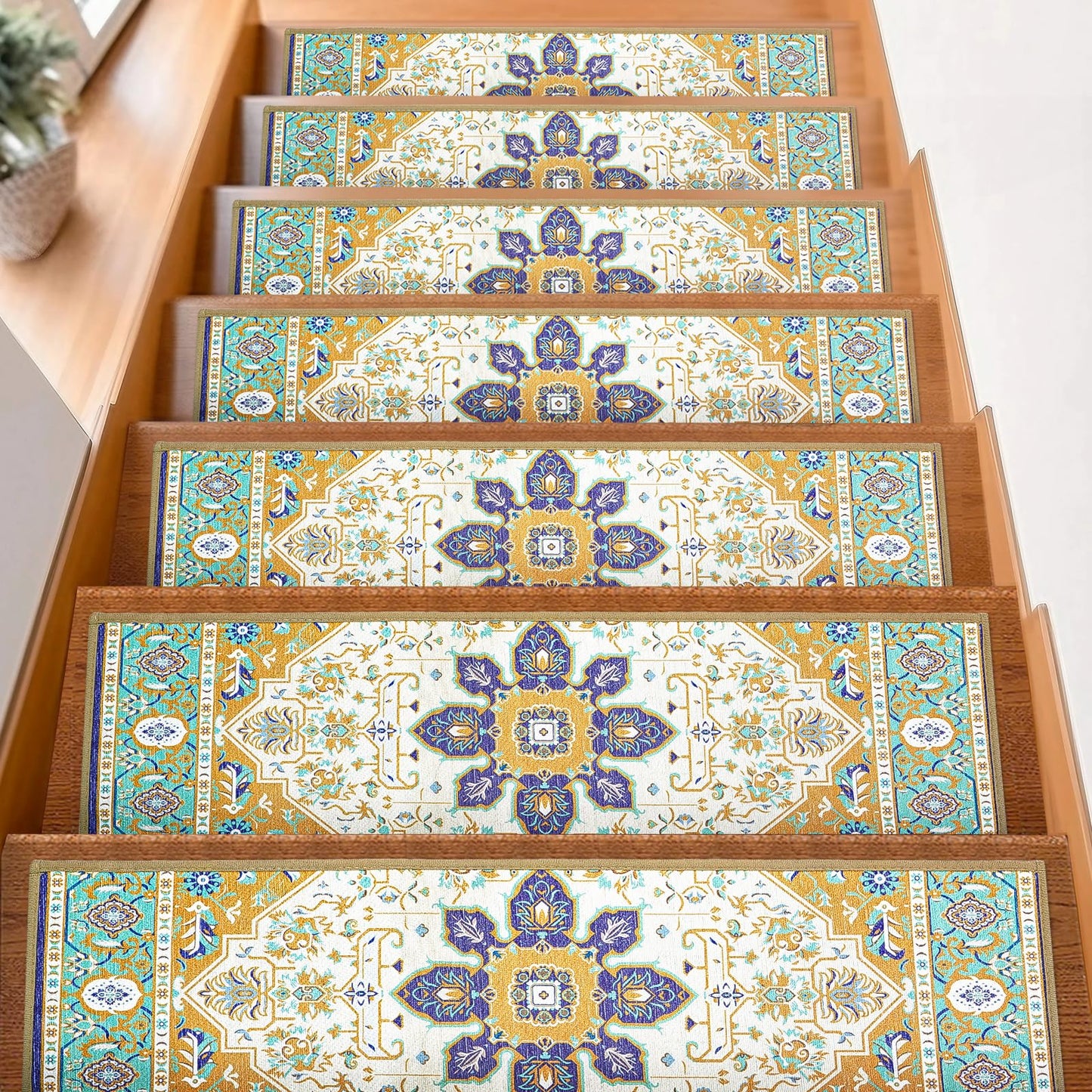 FlowaFoli 15Pcs Stair Treads for Wooden Steps Indoor with Self Adhesive, 8"x30" Non Slip Stair Treads Stair Carpet Runner, Resistant Indoor Runner for Kids、Elders and Pets,Blue and Gold Pattern
