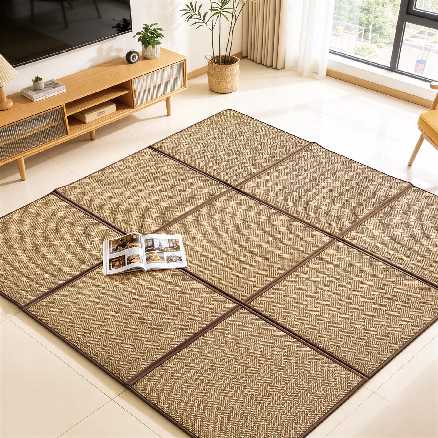 71'' x 71'' Large Japanese Tatami Mat, 0.47'' Thickness Foldable Rattan Japanese Floor Mats with Storage Bag, Non-Slip Breathable Memory Foam Area Rug Living Room Bedroom Yoga