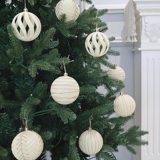 4inch Velvet Ornaments for Christmas Tree, 9PCS Glitter Flocked Christmas Ornaments Decorations Balls Set Decor Beige