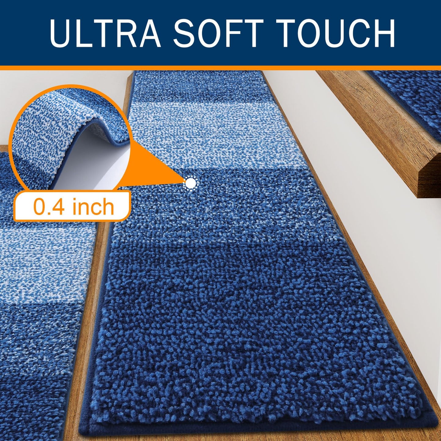 OLANLY Stair Treads Non Slip 15PCS, 8" x 30" Indoor Stair Runners for Wooden Steps, Edging Stair Rugs with Reusable Peel and Stick Adhesive for Kids Elders and Pets, Navy