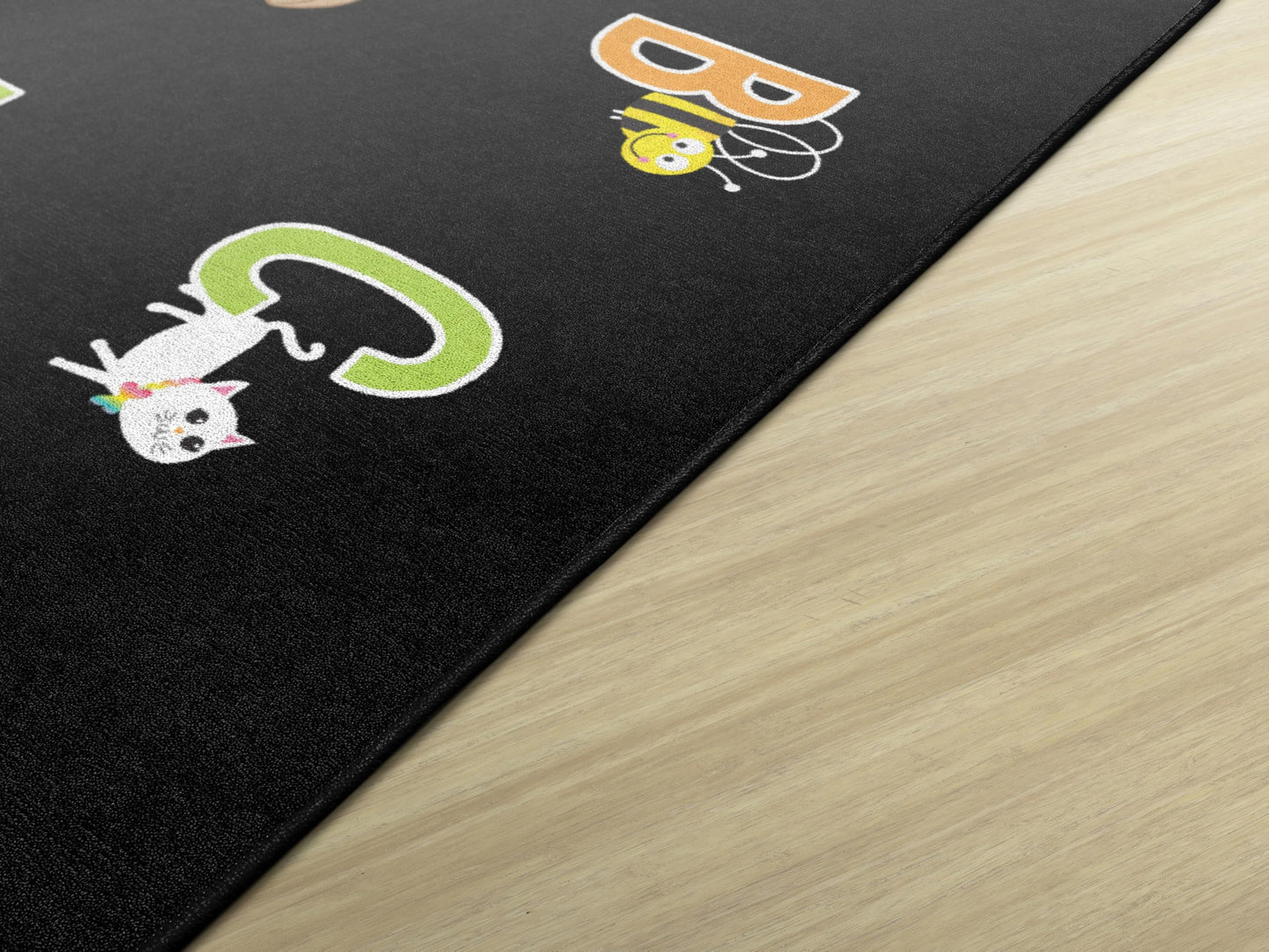 Flagship Carpets Alphabet Pictures On Black Criss Cross Applesauce Children's Classroom Décor Area Rug for Schools, Durable and Fun for Learning Centers, Daycares and Preschools, 7'6" X 12'