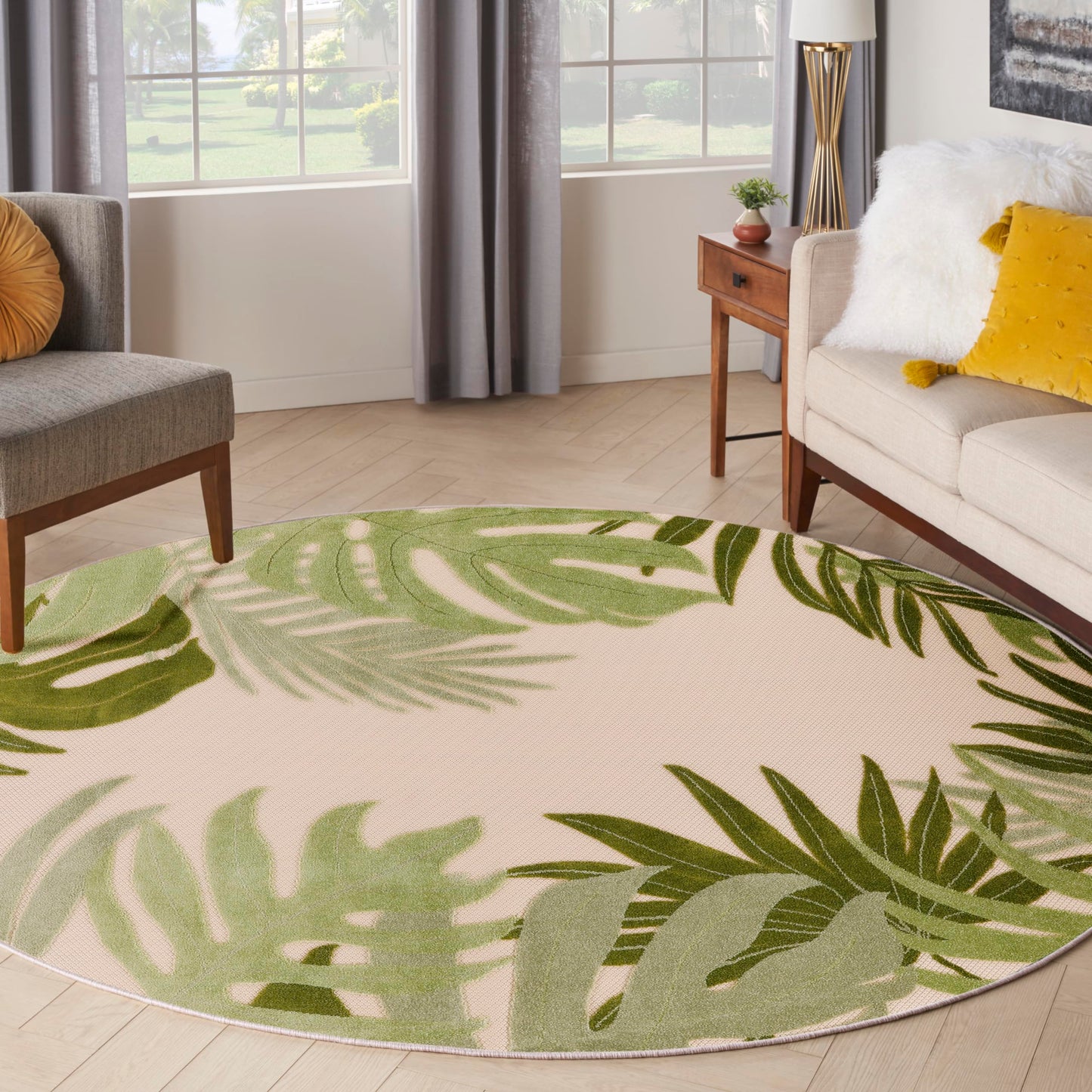 Nourison Home Aloha Ivory Green 5'3" x Round Area Rug - Easy Clean, Non Shedding, Bed Room, Living Room, Dining Room, Kitchen (5' x Round)