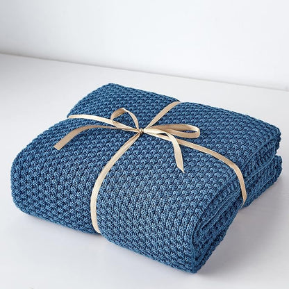 Longhui bedding Blue Knitted Throw Blanket for Couch - Soft, Cozy Machine Washable 100% Cotton Sofa Knit Blankets, Heavy 3.0lb Weight, 50 x 60 Inches, Laundry Bag Included