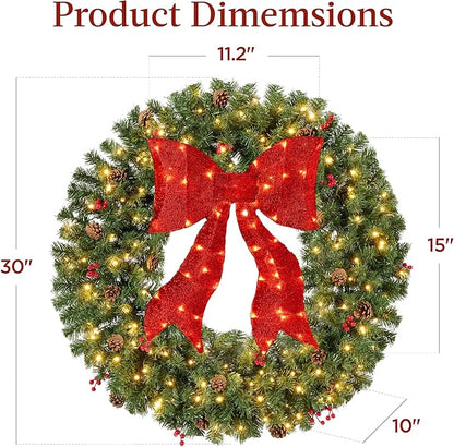 Best Choice Products 30in Pre-Lit Christmas Wreath w/Berries & Pinecones, Large Artificial Indoor/Outdoor Decor for Door, Mantel w/Red Bow, Plug-in