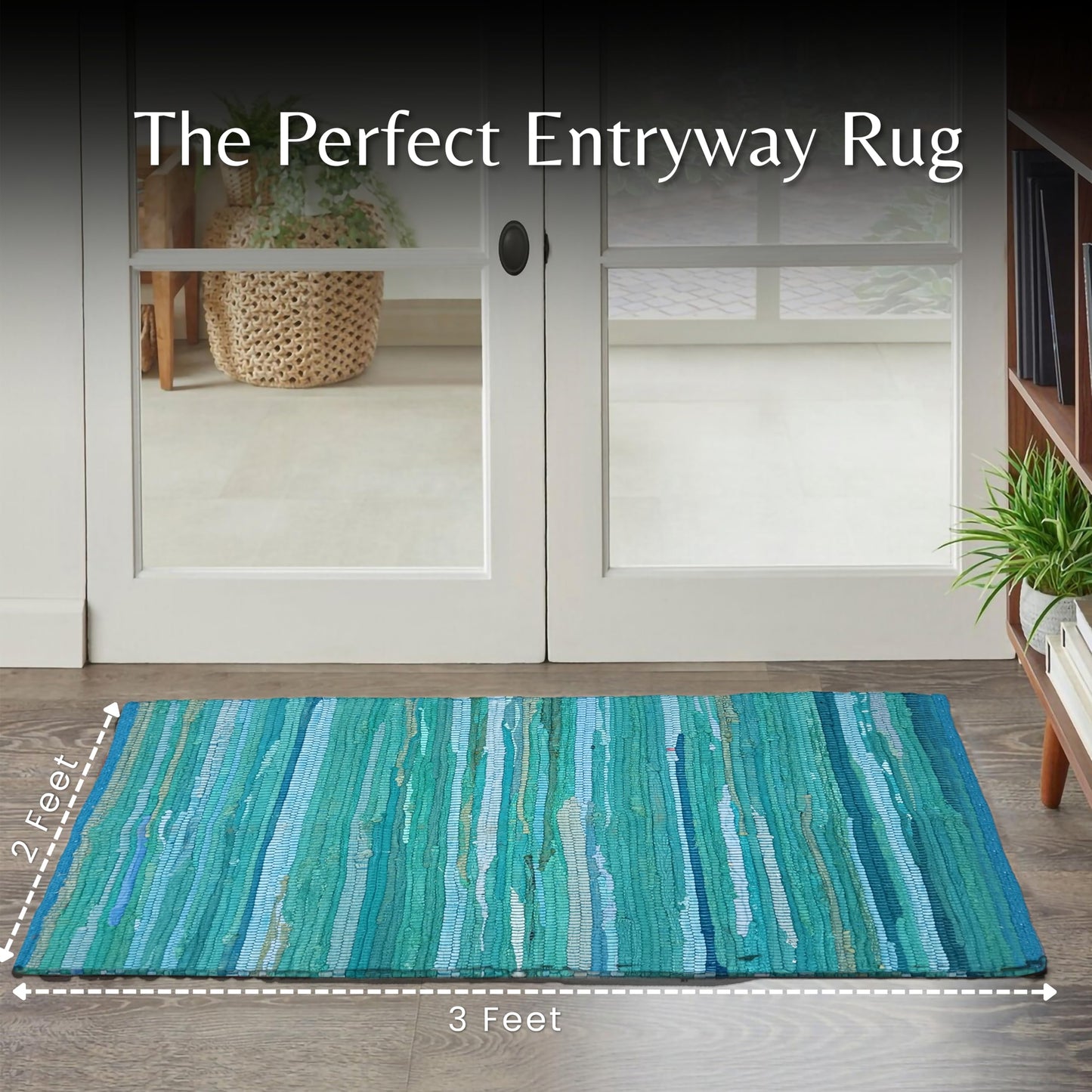 Cotton Hand Woven Chindi Rug 2x3 Feet - Teal, Reversible Accent Front Door Mat Ideal for Kitchen, Entryway, Laundry Room | Green Durable Farmhouse Indoor Outdoor Floor Rag Rugs Ideal for Kids Space