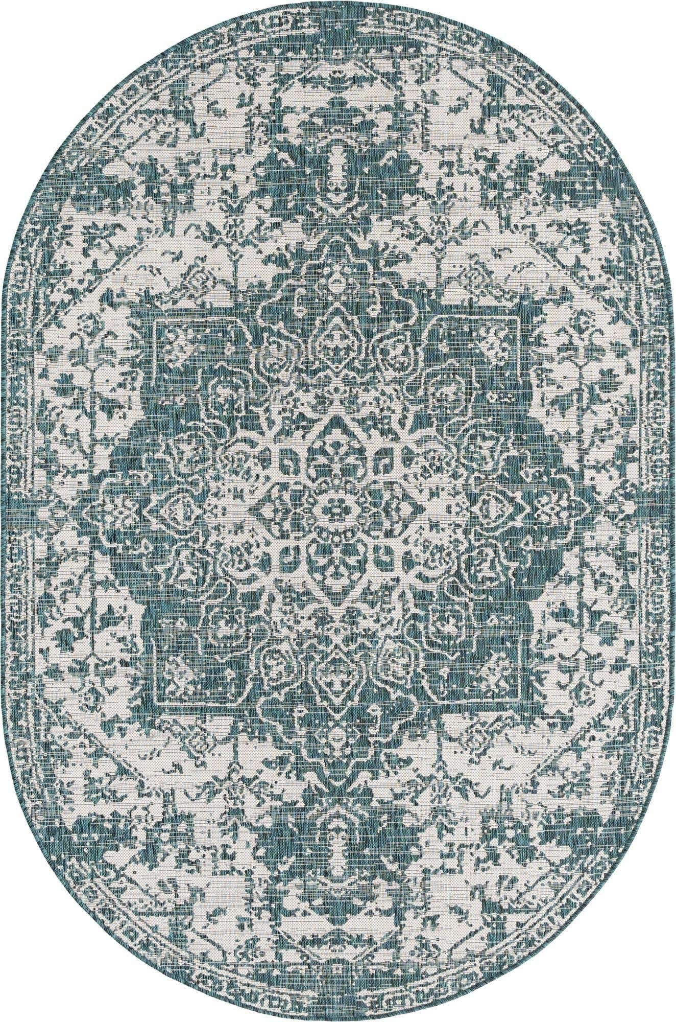 Unique Loom Jill Zarin Outdoor Collection Area Rug - Dubai (5' 3' x 8' Oval, Teal/ Ivory)