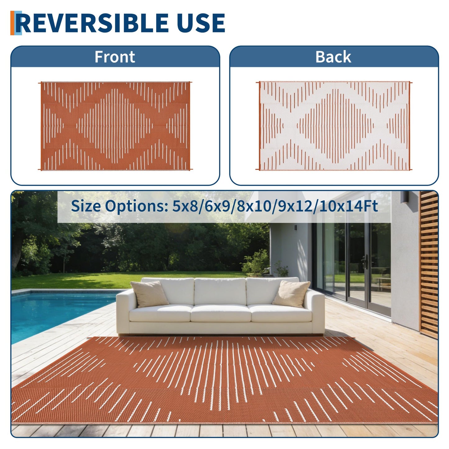 Garvee 6x9 Area Rugs Plastic Reversible Patio Rugs Outdoor Waterproof Easy-Cleaning Large Floor Mat for Outdoors Backyard Porch RV Beach Picnic Terracotta White