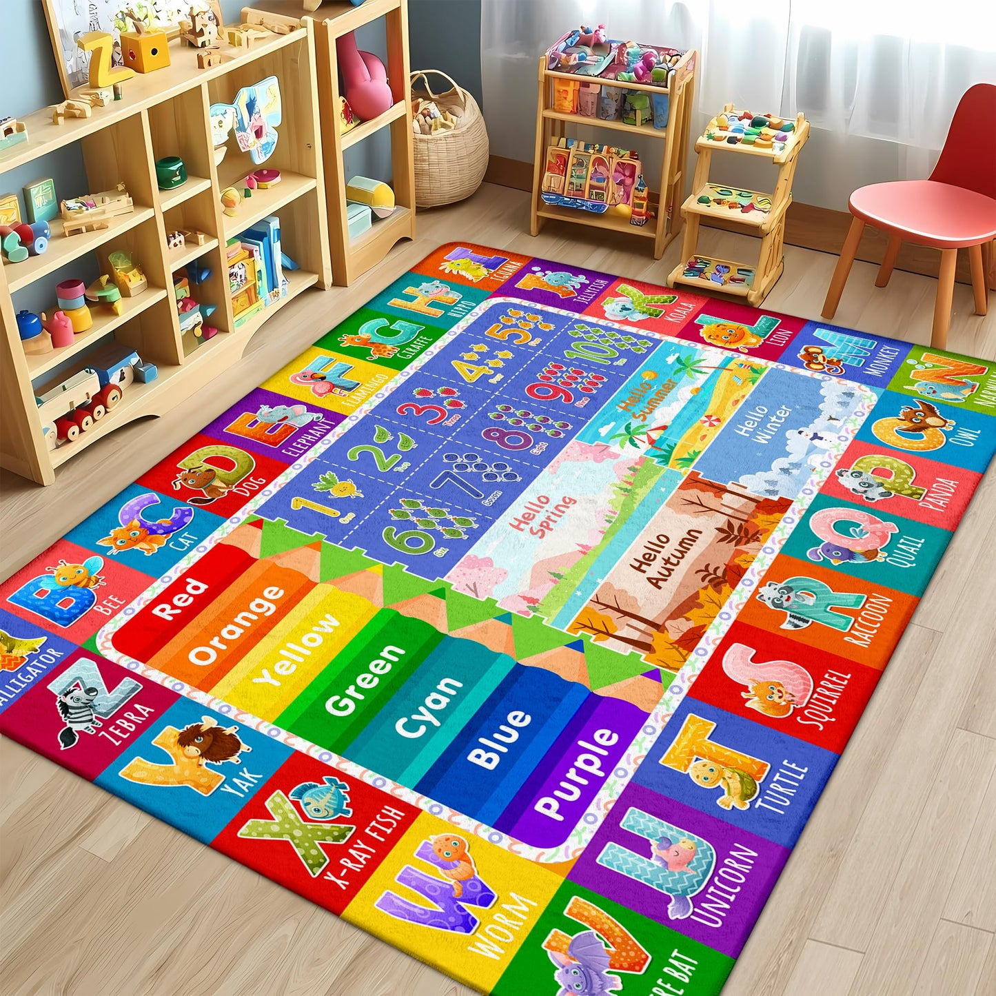 5x7 Kids Rug for Classroom & Playroom - ABC Alphabet Educational Area Rug with Animals Numbers & Colors - Non-Slip Carpet Playmat for Nursery Preschool Elementary