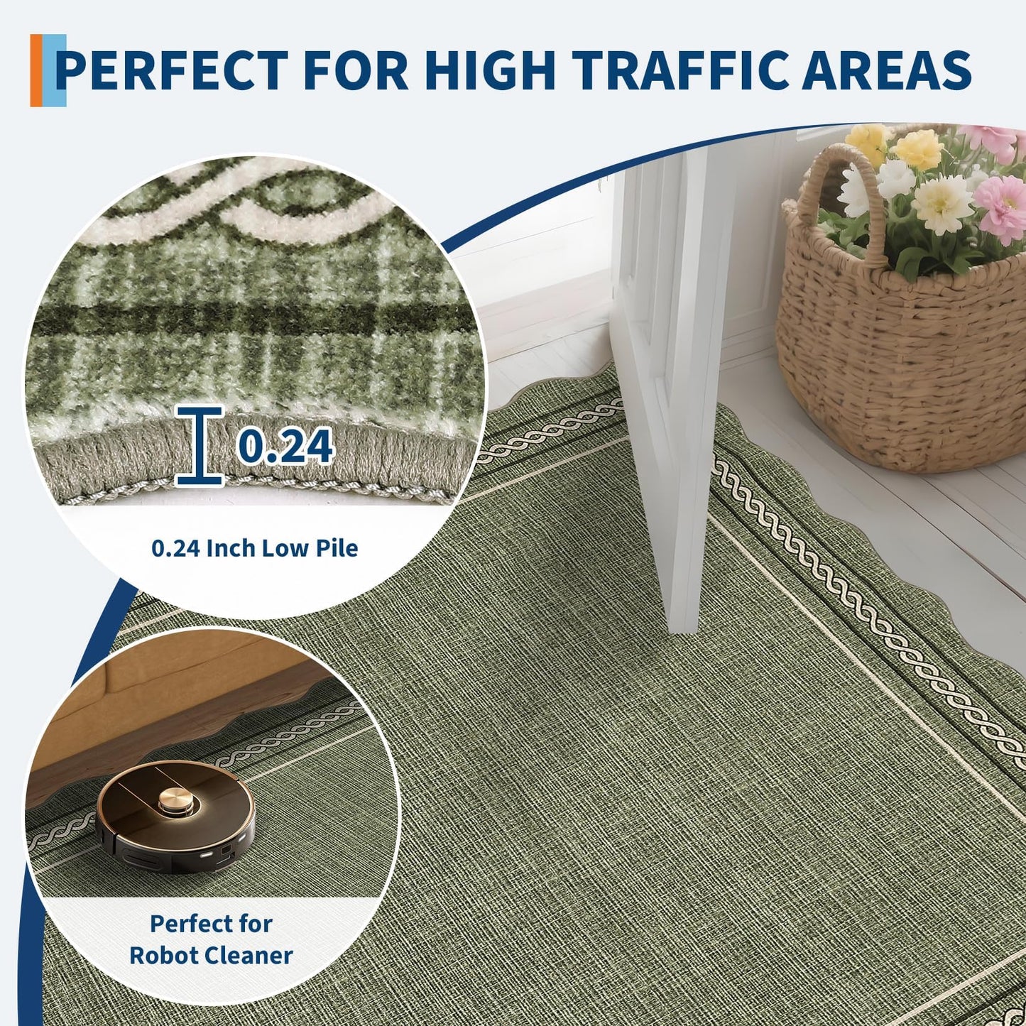 MilleLoom Large Area Rug 9x12 Scalloped Rug Machine Washable Non Slip Carpet Farmhouse Non-Shedding Neutral Floor Mat Indoor Soft Low Pile Foldable Rugs for Living Room Bedroom Dining Room Dorm Green