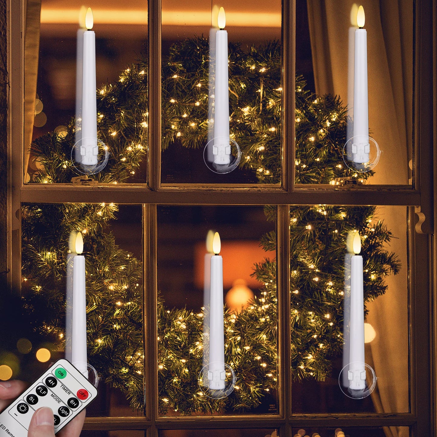 FREEPOWER Flameless Window Candles,Battery Opeated LED Taper Candle with Cycle Timer, Remote & Suction Cups,for Christmas Home Wedding Decor Pack of 9