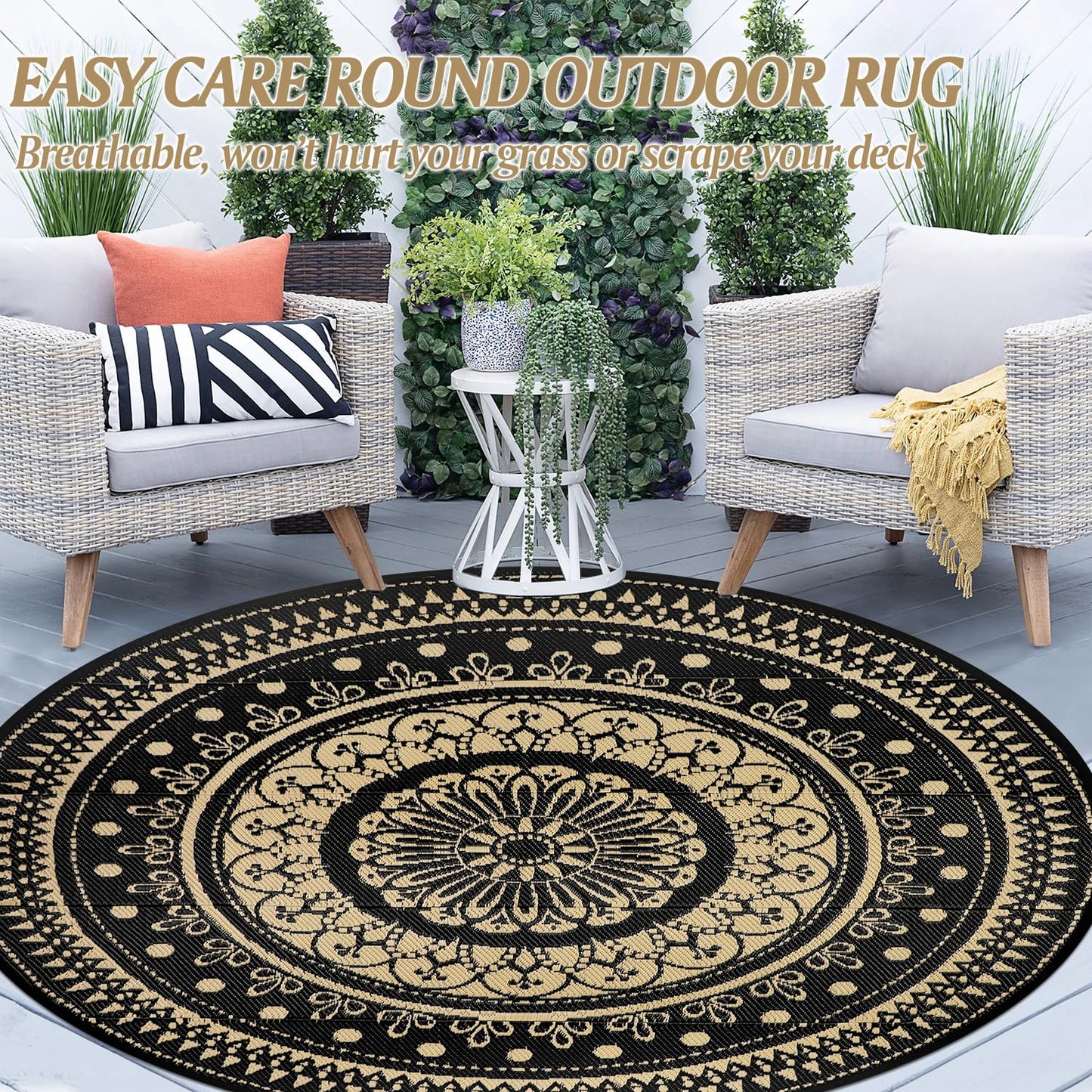Cekene Round Outdoor Rugs Waterproof 6Ft Reversible Outdoor Patio Rugs Portable RV Camping Mats Lightweight Plastic Straw Rugs Outdoor Area Rug for Patio Picnic Beach BBQ, Black/Camel