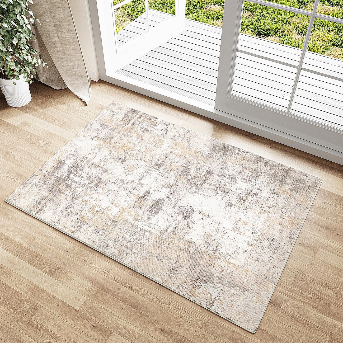 WondRg 2x3 Washable Area Rug Beige Grey Abstract Non Slip Soft Low Pile Small Rug for Entryway Kitchen Bathroom Neutral Modern Throw Carpet for Living Room Bedroom Home Decor