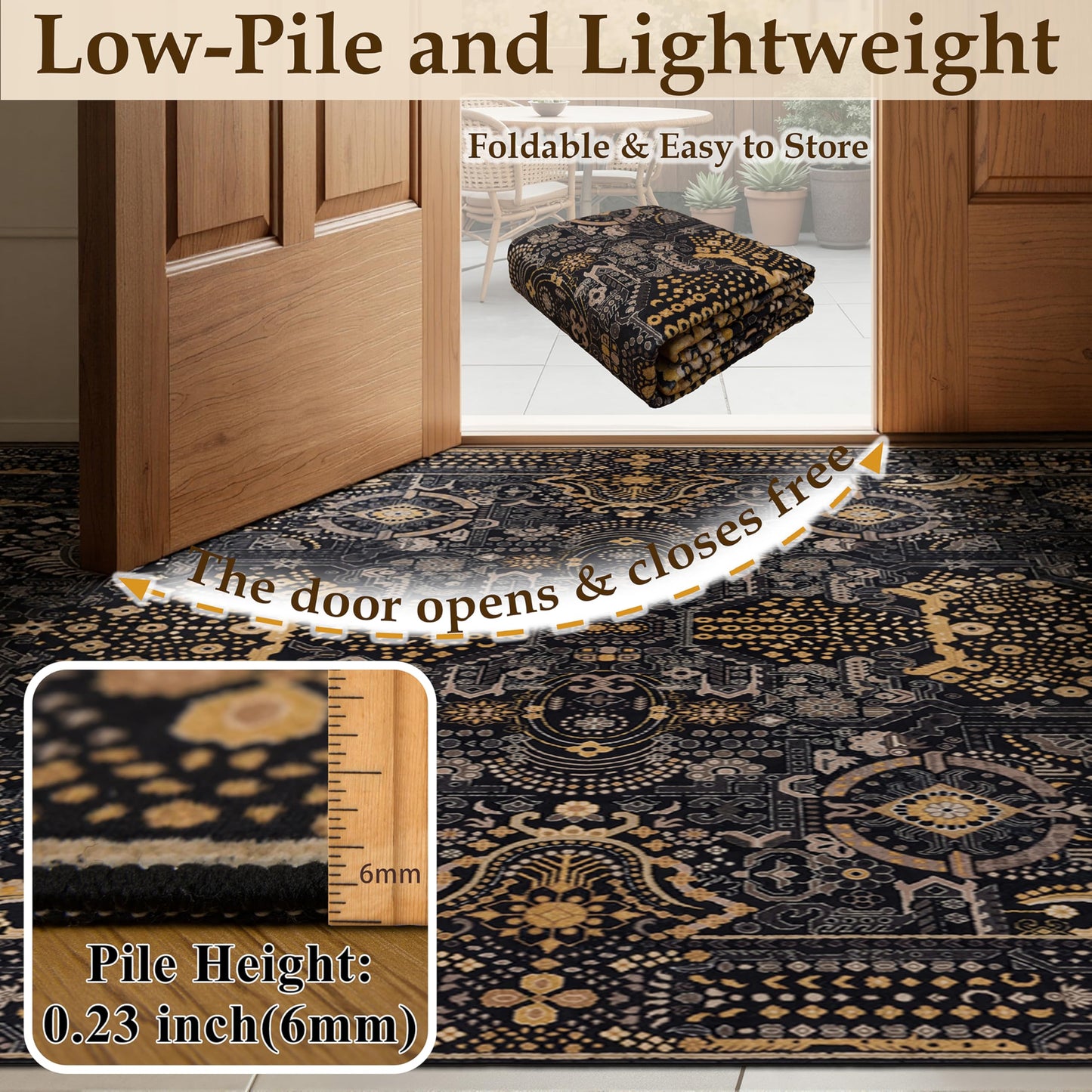 Ruaruarug Area Rug 8'×10', Non Slip Machine Washable Ultra Soft Stain & Fade Resistant, Pet & Kids Friendly, for Living Room/Bedroom/Kitchen/Classroom, Black Gold