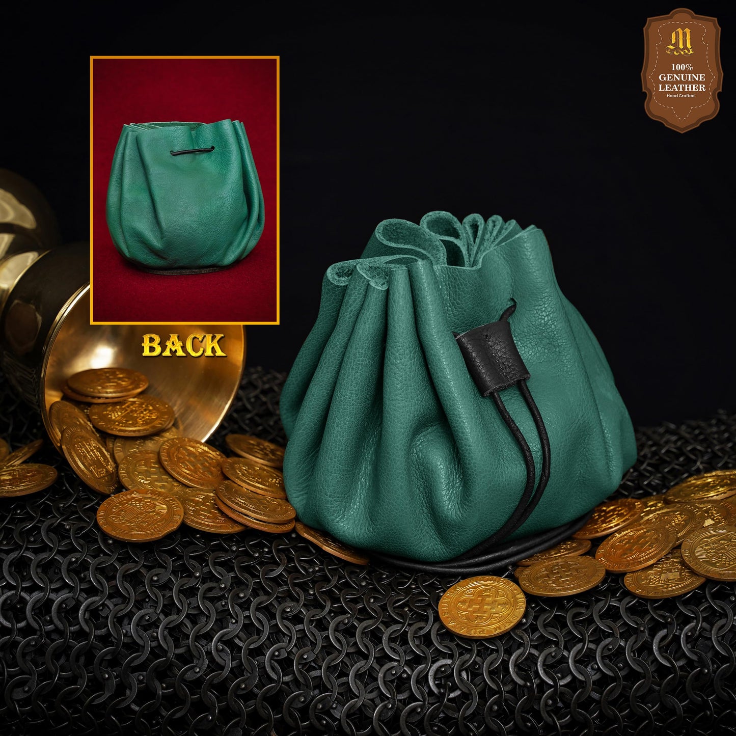 Mythrojan medieval leather pouch renaissance drawstring belt bag for larp, viking, cosplay, coin & jewelry waist purse- green, 4.9"x3.5"